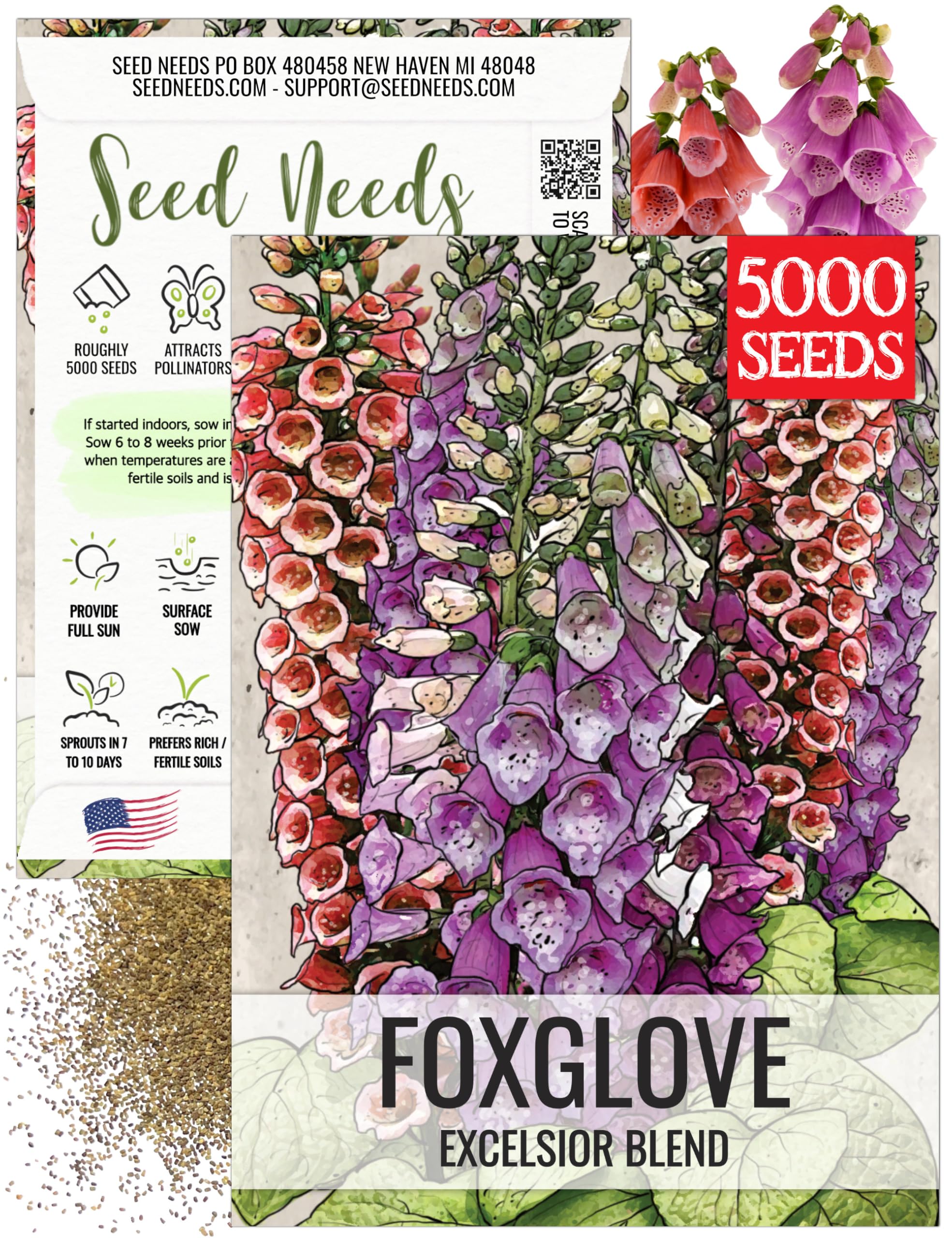 Seed Needs Foxglove Excelsior Mix blooms in pink and purple tones for a dramatic border
