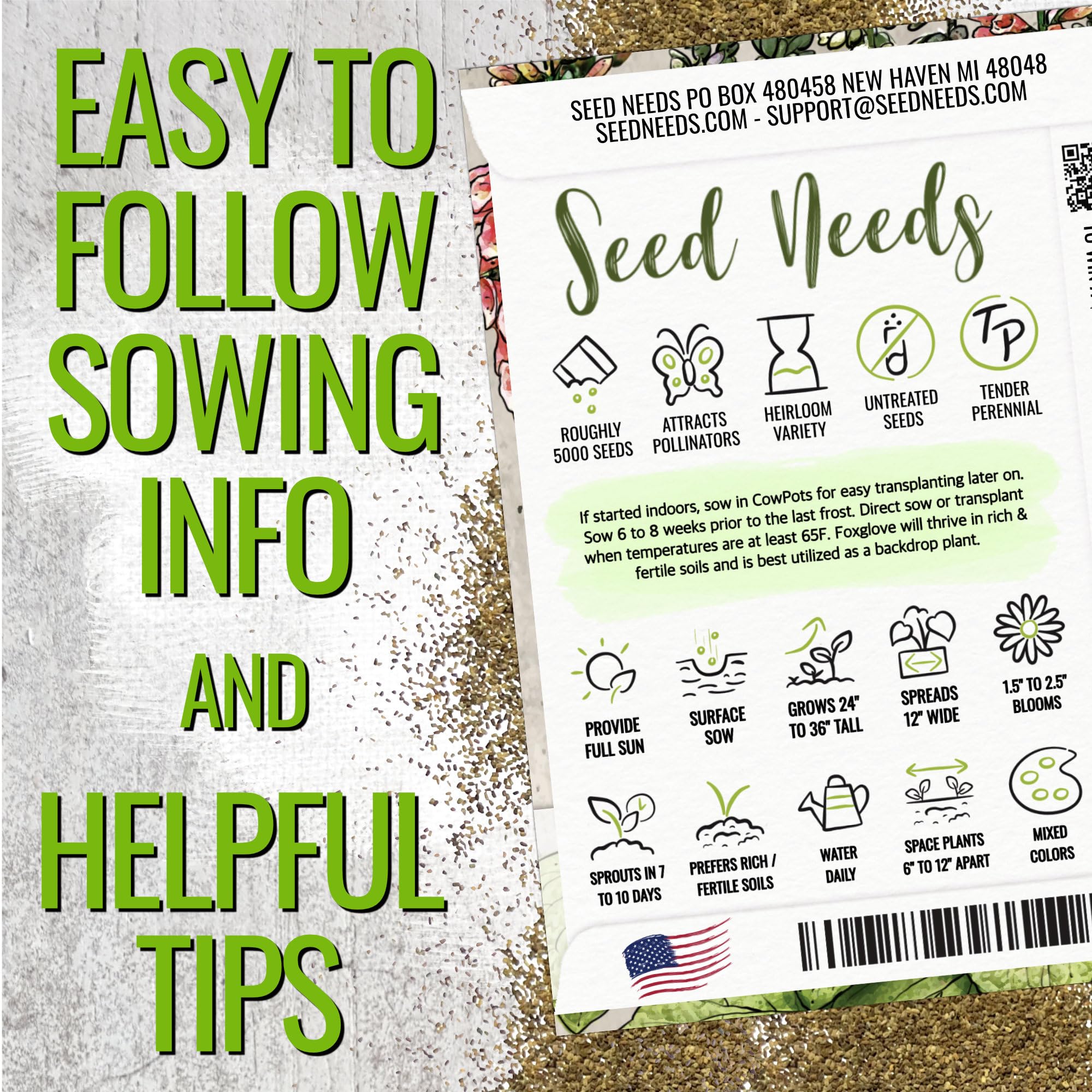 Seed Needs Foxglove Excelsior Mix attracts butterflies, bees, and hummingbirds