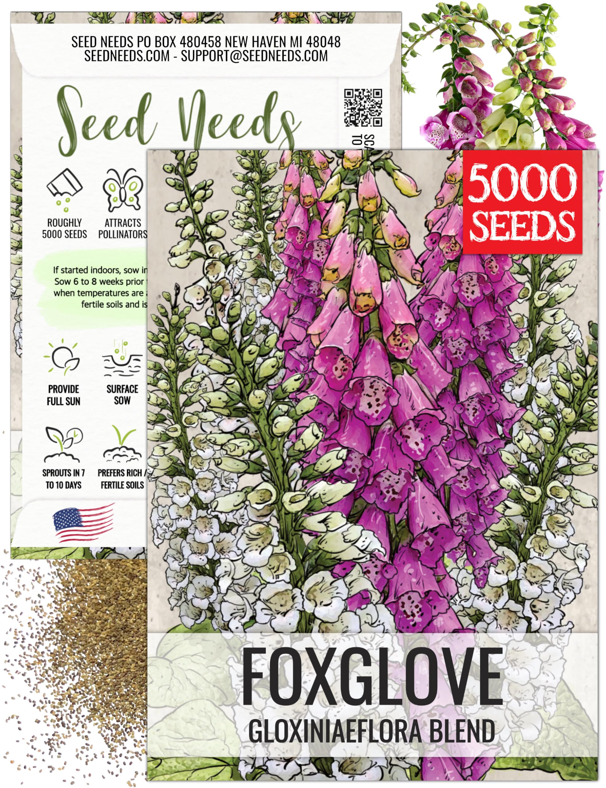 Seed Needs foxglove seeds packet with artwork, designed for long freshness.