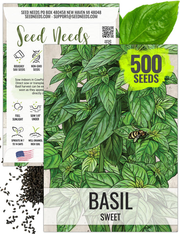 Seed Needs Genovese basil leaf closeup, vibrant green leaves ideal for fresh pesto and salads.