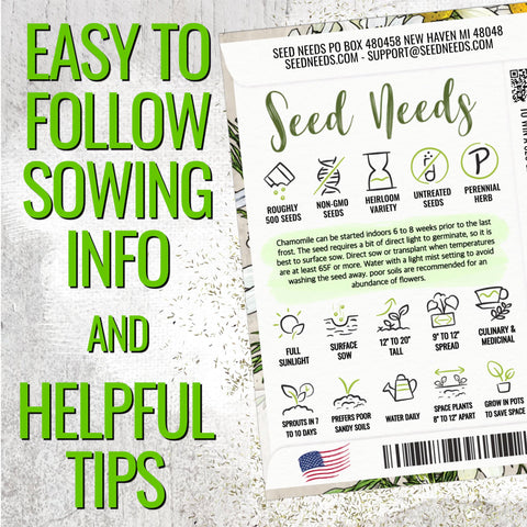 Seed Needs German Chamomile flowers bloom, adding color and scent to the herb garden.