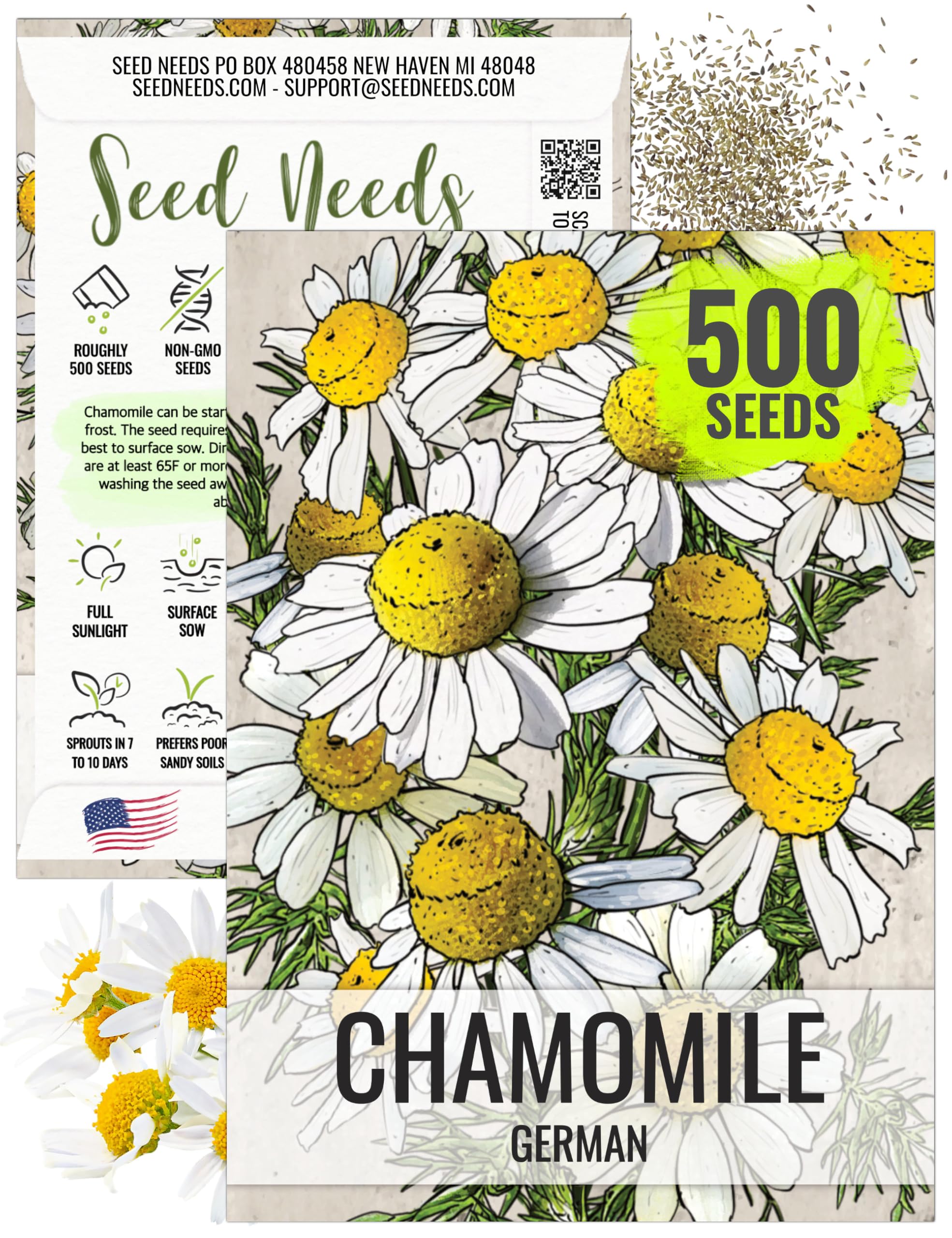 Seed Needs German Chamomile seeds in packaging close-up, showing heirloom quality for home gardening.