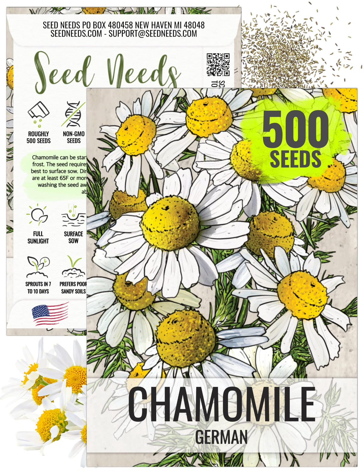 Seed Needs German Chamomile seeds in packaging close-up, showing heirloom quality for home gardening.