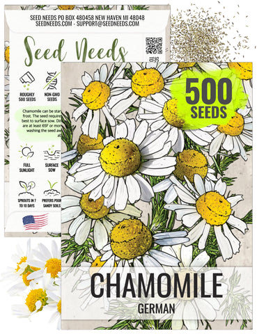 Seed Needs German Chamomile seeds in packaging close-up, showing heirloom quality for home gardening.