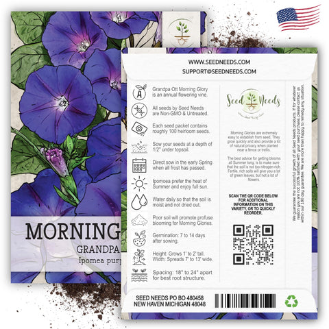 Seed Needs Grandpa Ott Morning Glory seed packet art and branding.