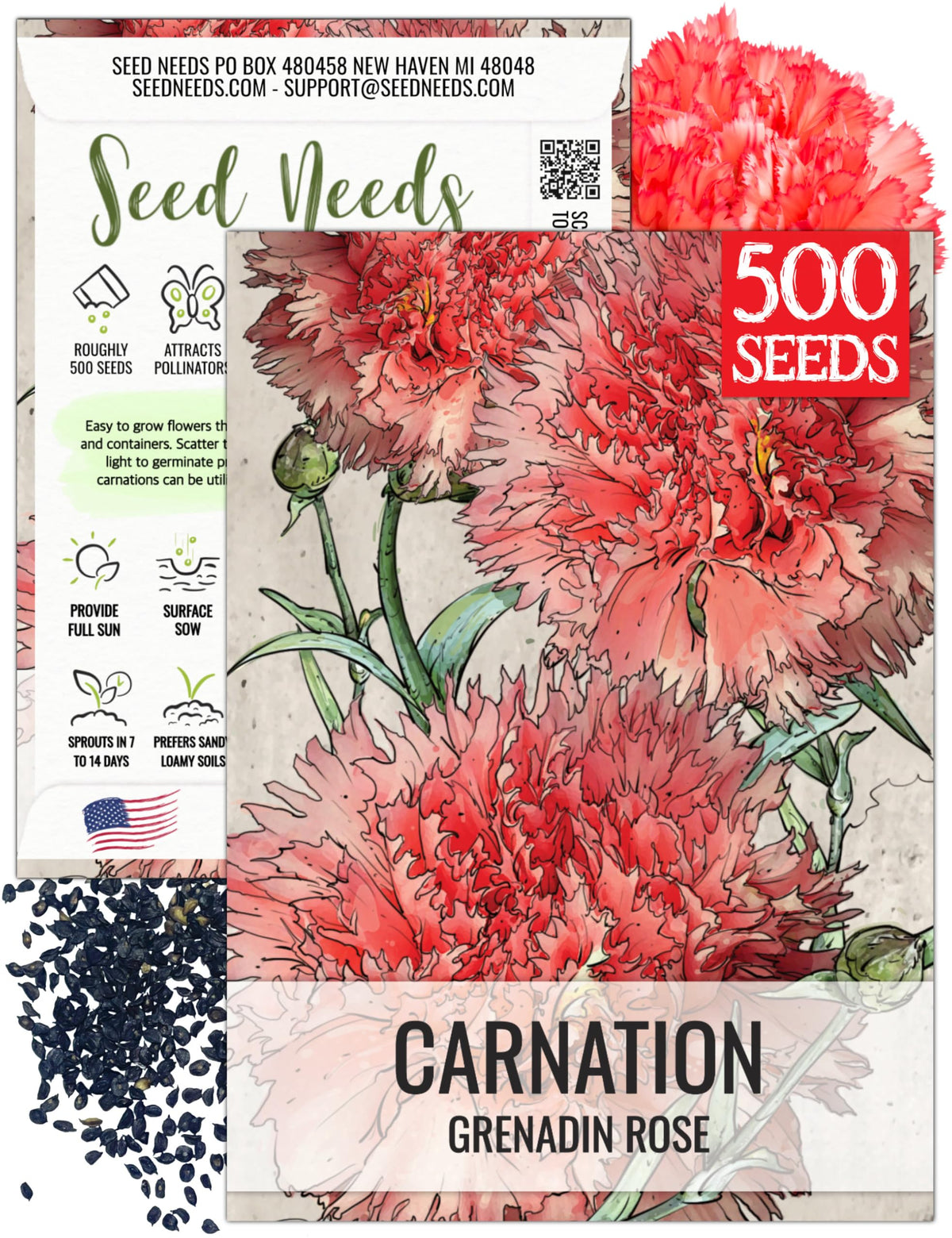Seed Needs Grenadin Rose Carnation seed packet with artful illustration for easy planting planning