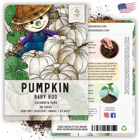 Seed Needs harvest-ready Baby Boo pumpkins hint at seasonal decor possibilities.