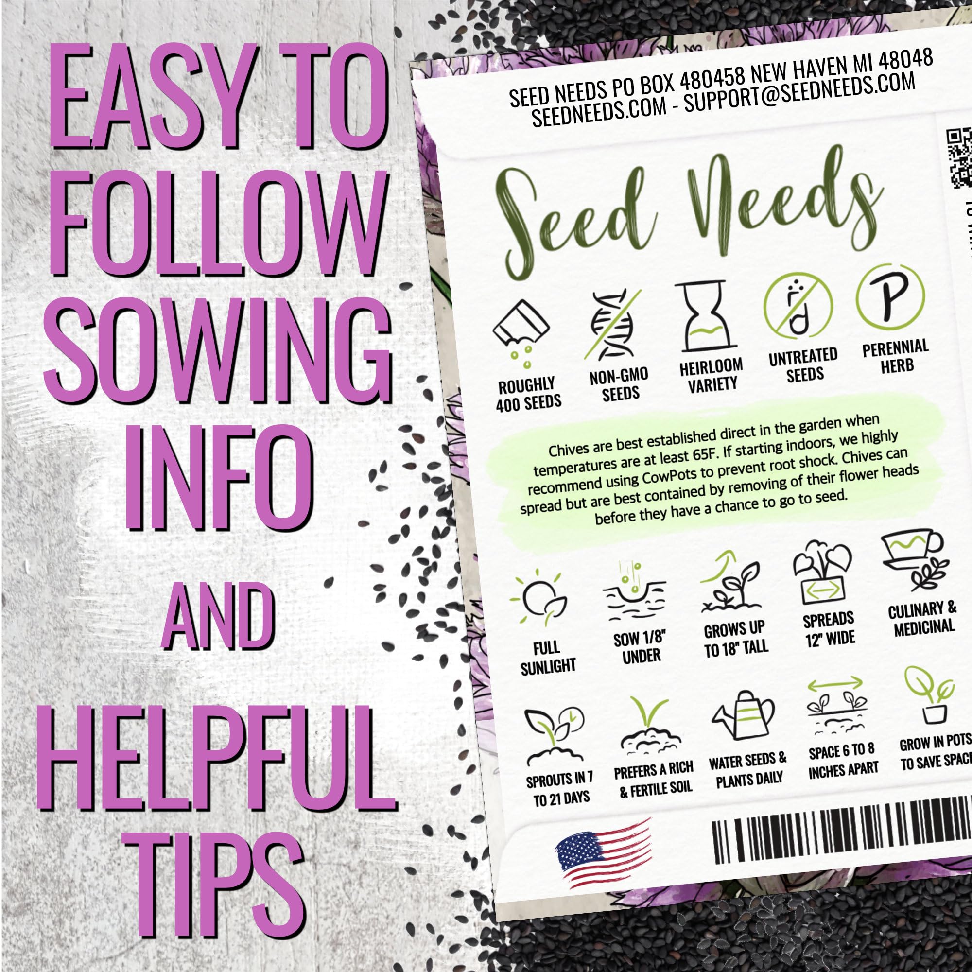 Seed Needs harvest-ready chives image demonstrates cutting shoots flush to ground.