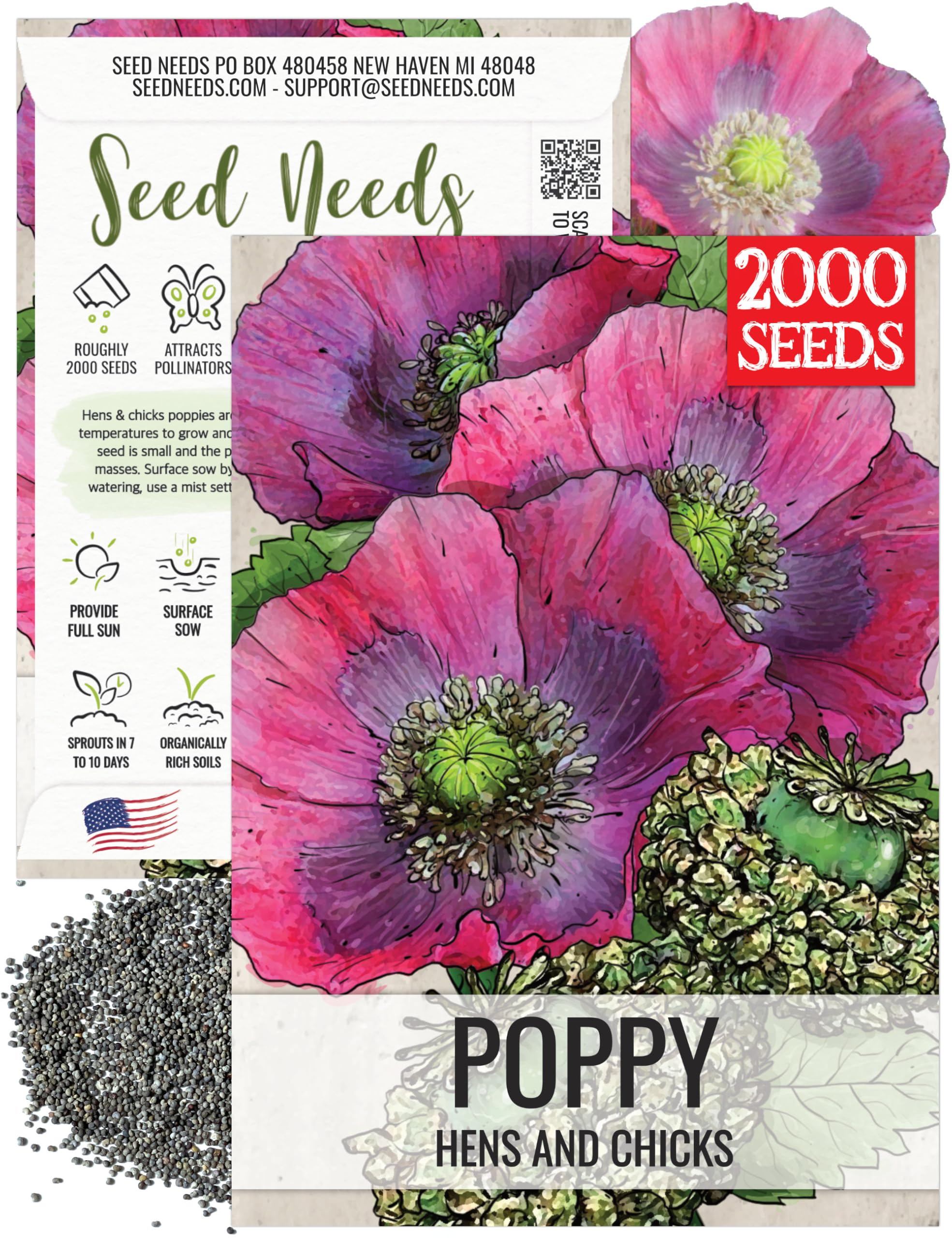 Seed Needs Hens and Chicks Poppy Seeds packaging front for easy annual planting