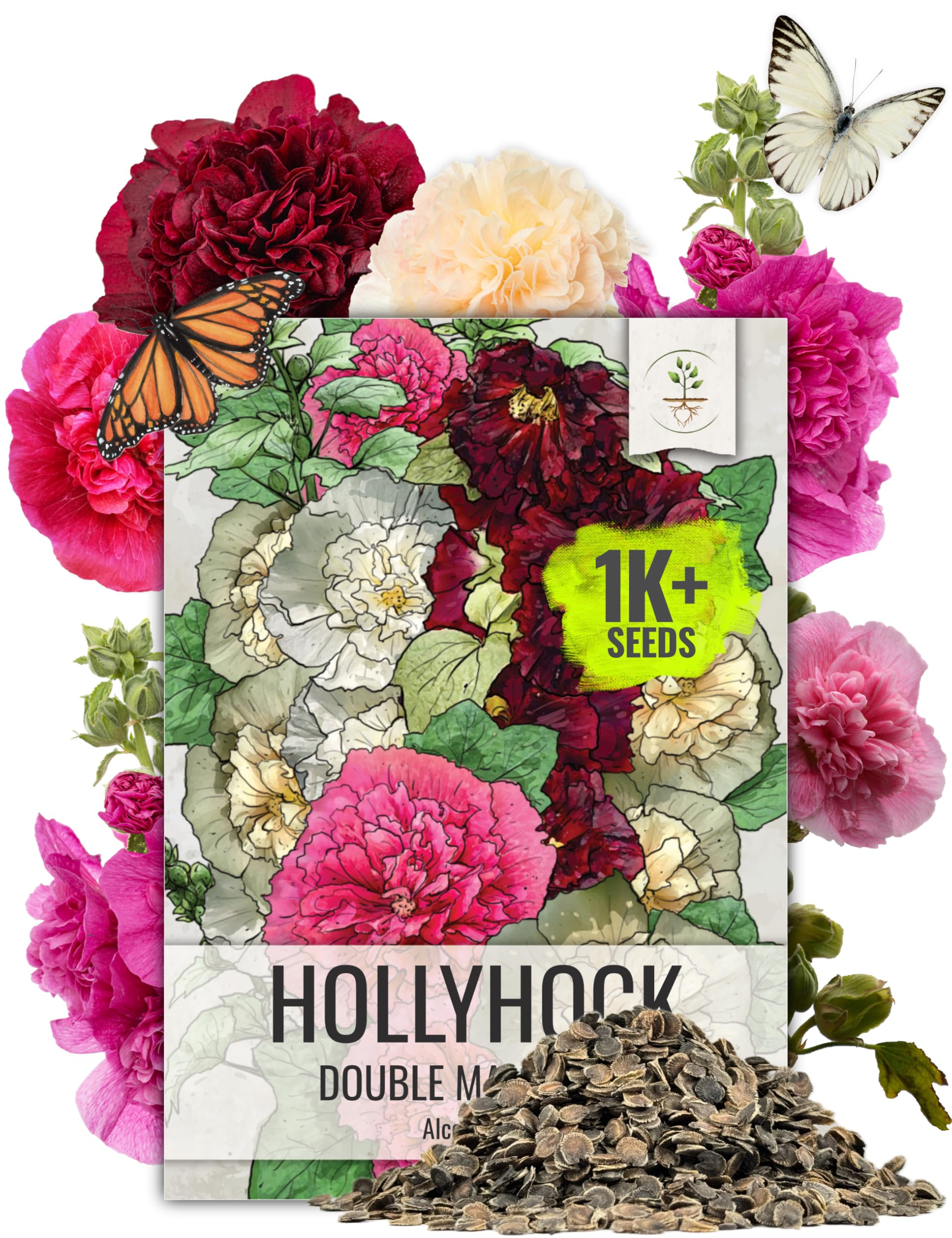 Seed Needs hollyhock pouch illustration shows seeds for easy sowing and planning