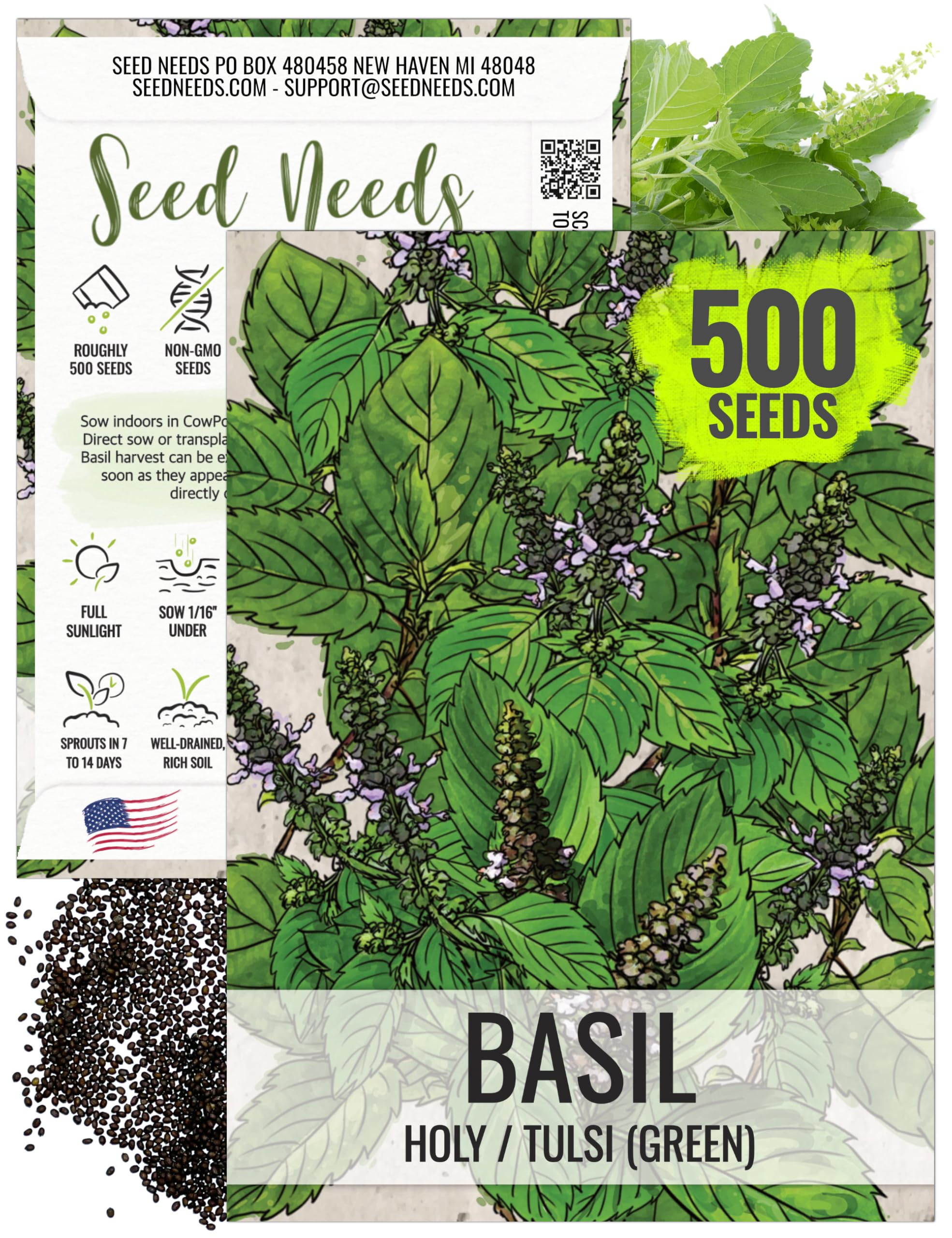 Seed Needs Holy Basil Tulsi seeds pack for starting an easy, fragrant herb garden.