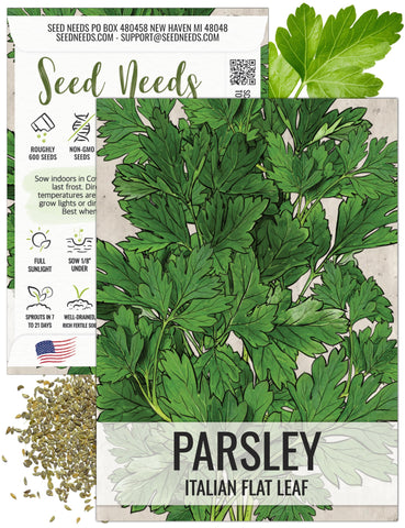Seed Needs Italian flat leaf parsley seed packet front, open-pollinated heirloom for fresh flavor.