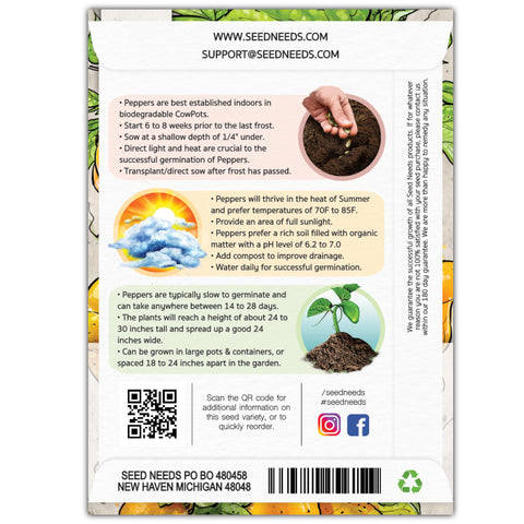 Seed Needs Jamaican Yellow Chile seed pack back with sowing instructions for home gardeners.