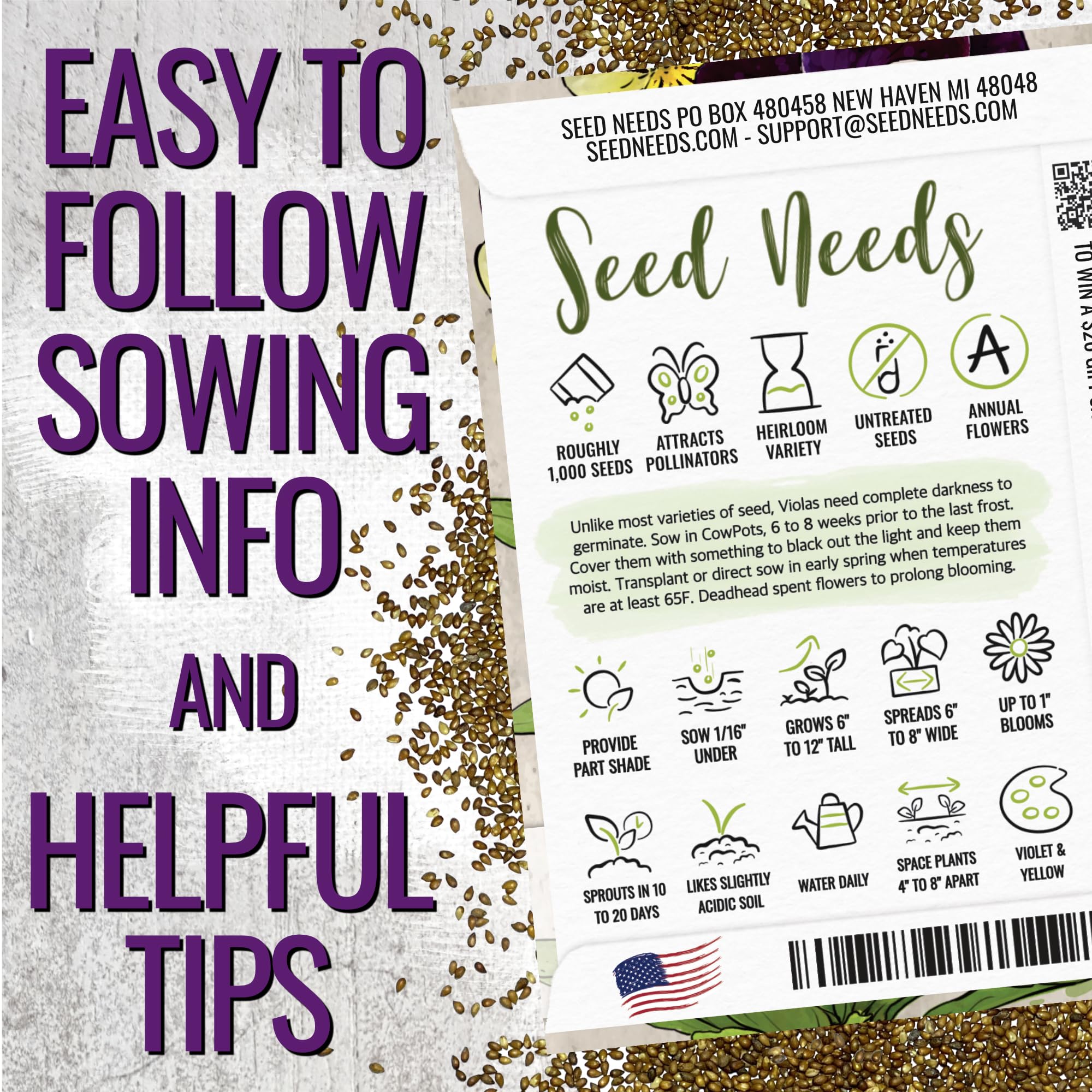 Seed Needs Johnny Jump Up seed packet with sowing guide for easy planting.