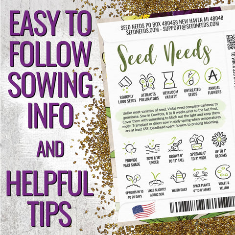 Seed Needs Johnny Jump Up seed packet with sowing guide for easy planting.