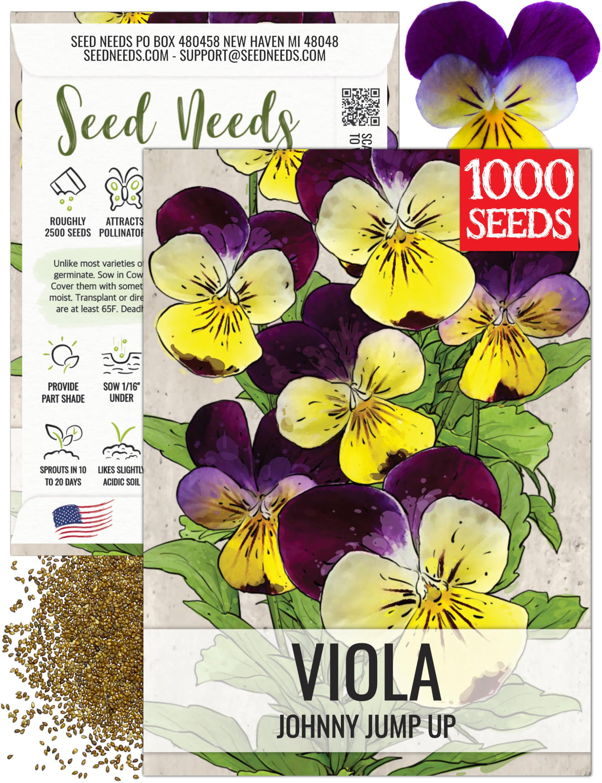 Seed Needs Johnny Jump Up bloom with tri-color face, perfect for edible garnishes.