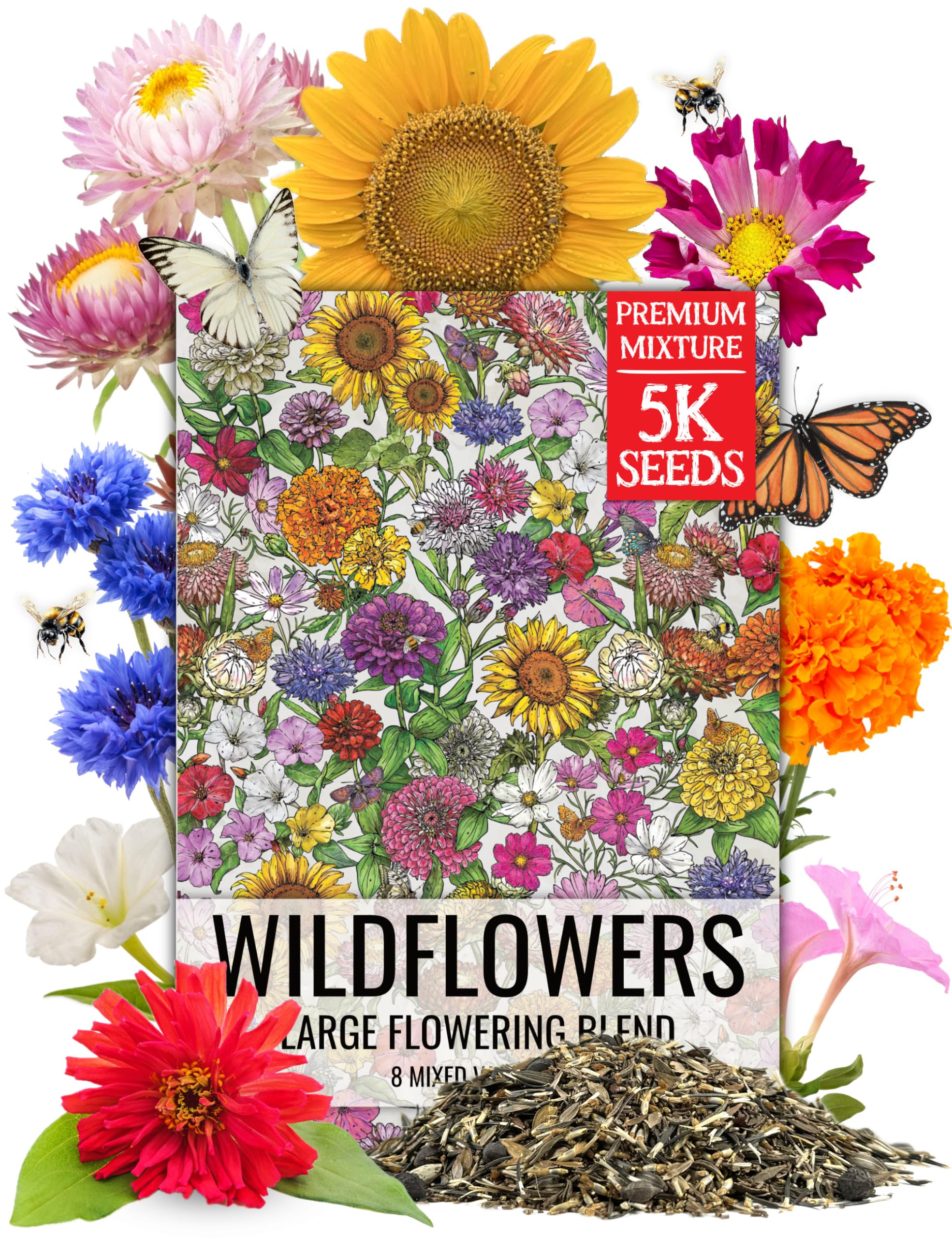 Seed Needs large blooms mix packets showing colorful wildflowers for a pollinator-friendly garden
