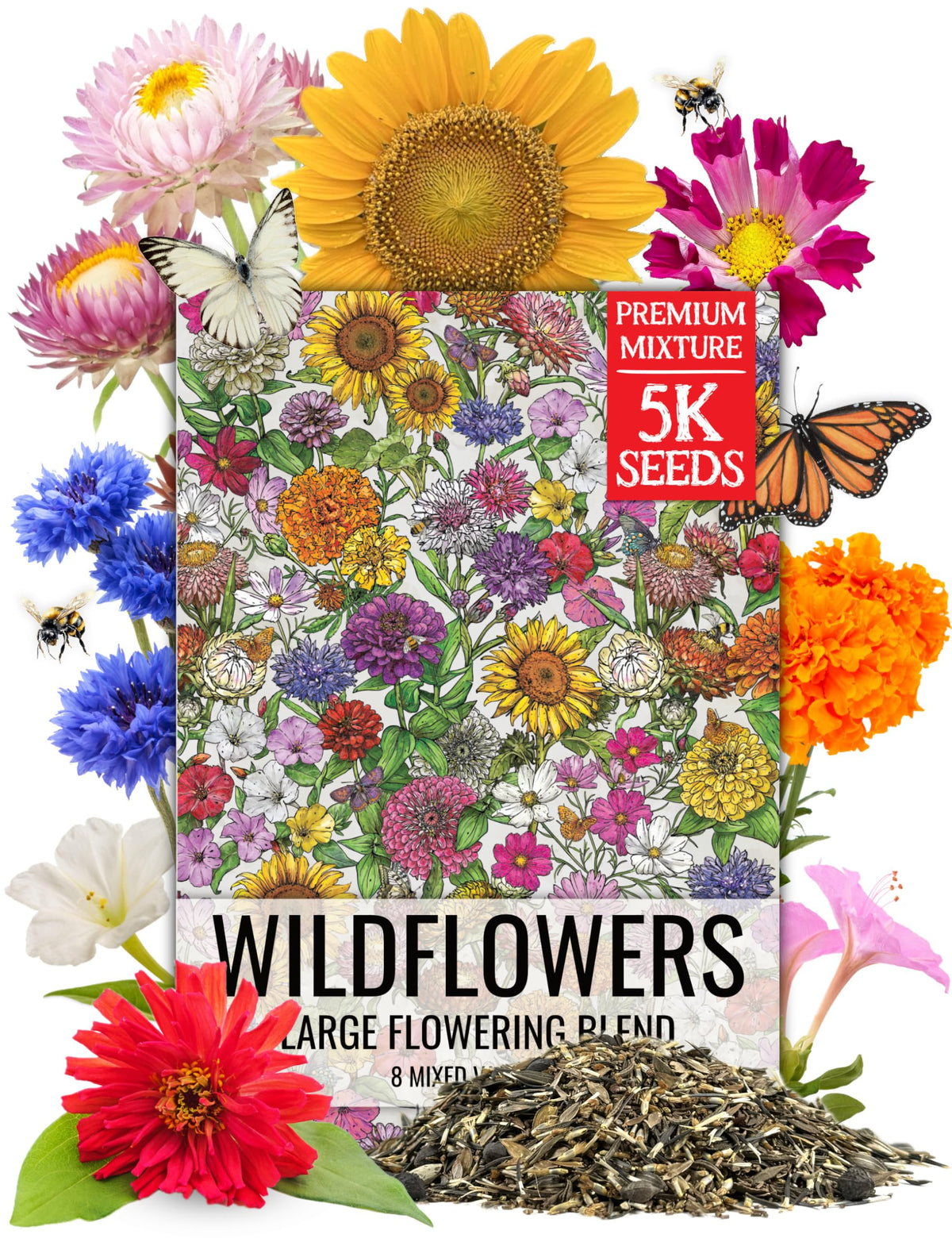 Seed Needs large blooms mix packets showing colorful wildflowers for a pollinator-friendly garden