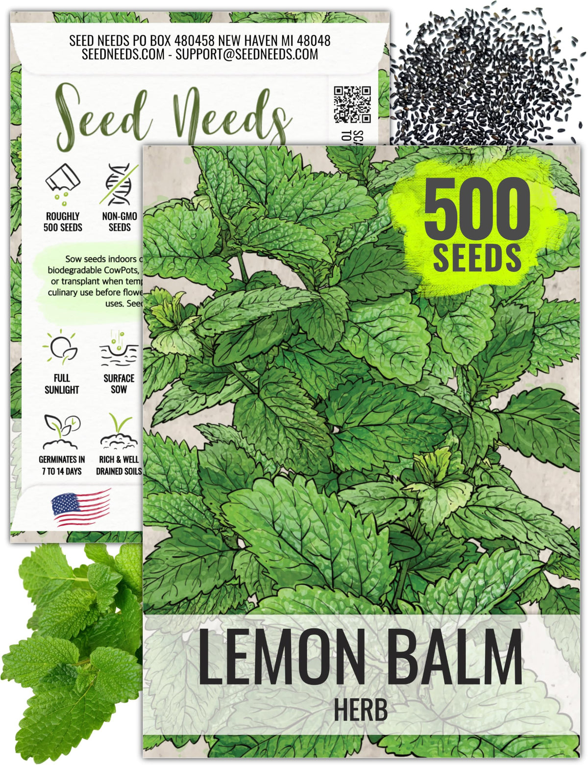 Seed Needs lemon balm seeds packet art highlighting heirloom quality and sowing guidance