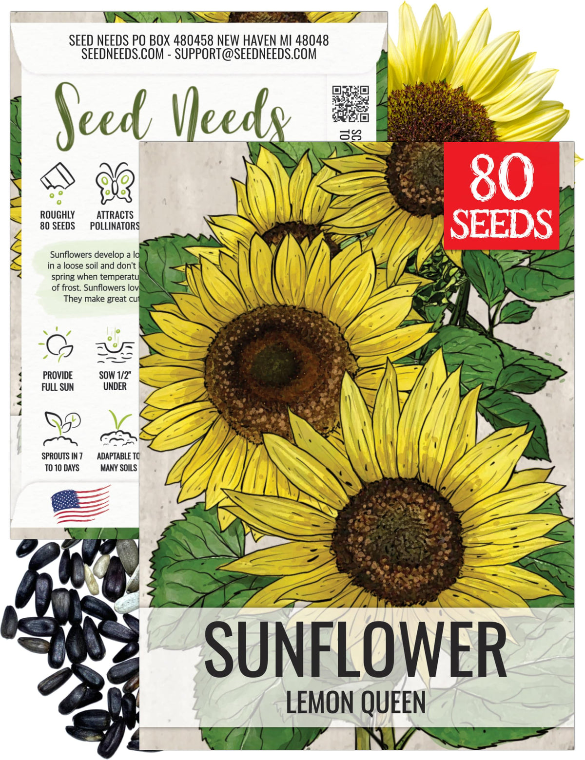 Seed Needs Lemon Queen sunflower seed packet with illustration for home planting and bright border plantings.