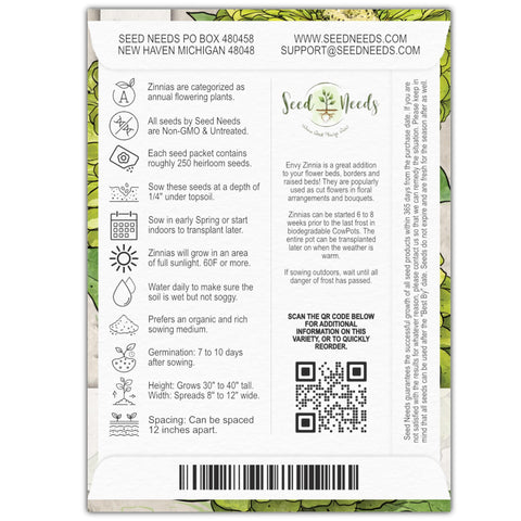 Seed Needs Lime Green Envy zinnia seed pack back with sowing instructions