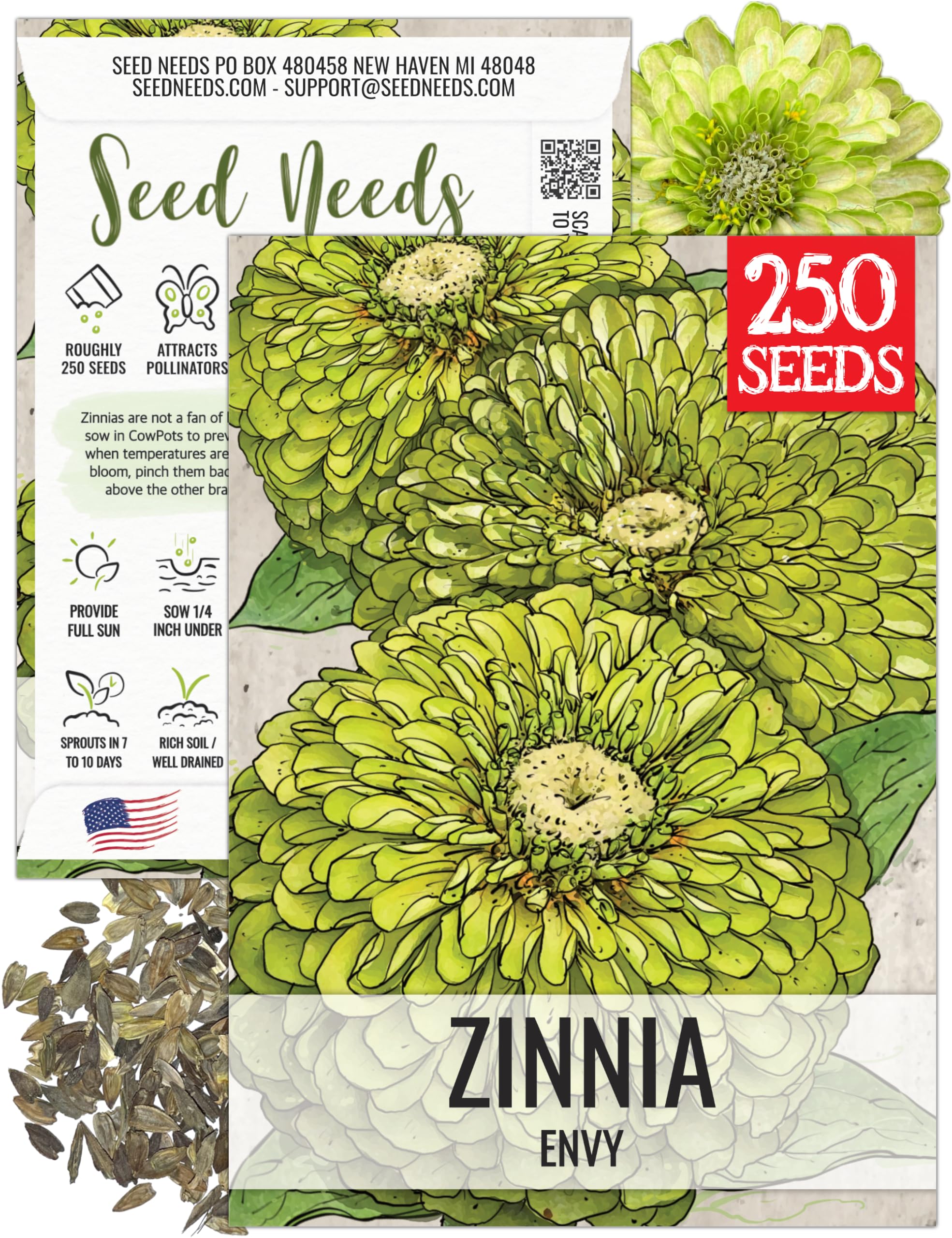 Seed Needs Lime Green Envy zinnia seed pack front view for striking border color