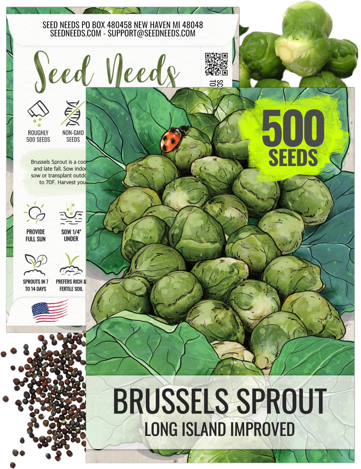 Seed Needs Long Island Brussels sprouts seed packet front highlighting heirloom variety for reliable harvests.