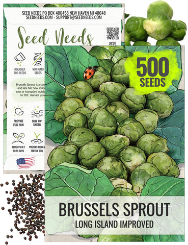 Seed Needs Long Island Brussels sprouts seed packet front highlighting heirloom variety for reliable harvests.