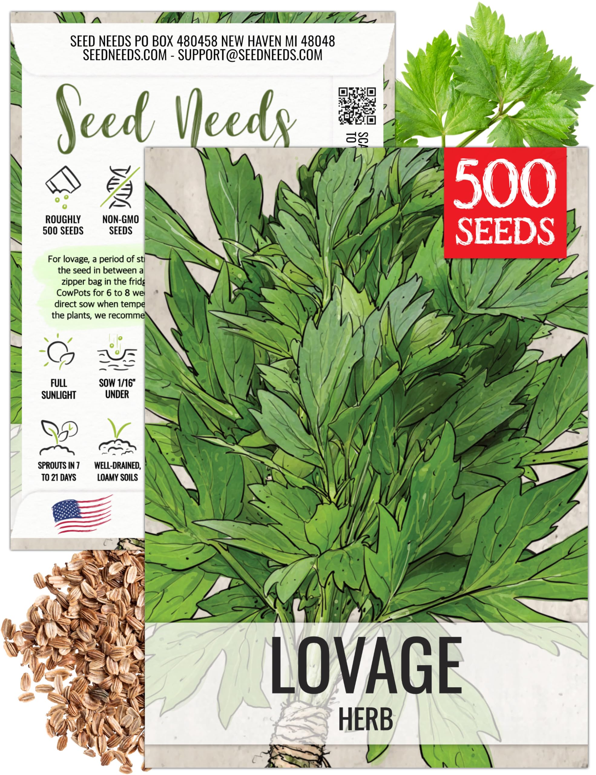 Seed Needs Lovage seeds pack front for easy kitchen garden planting.