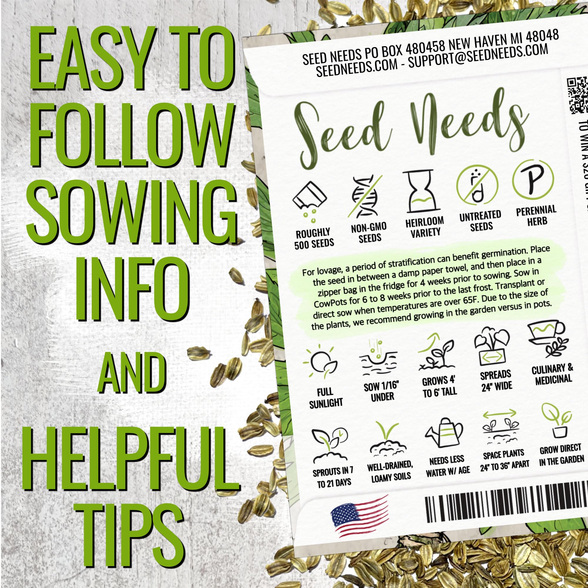 Seed Needs Lovage stems and seeds close-up for spice and cooking.