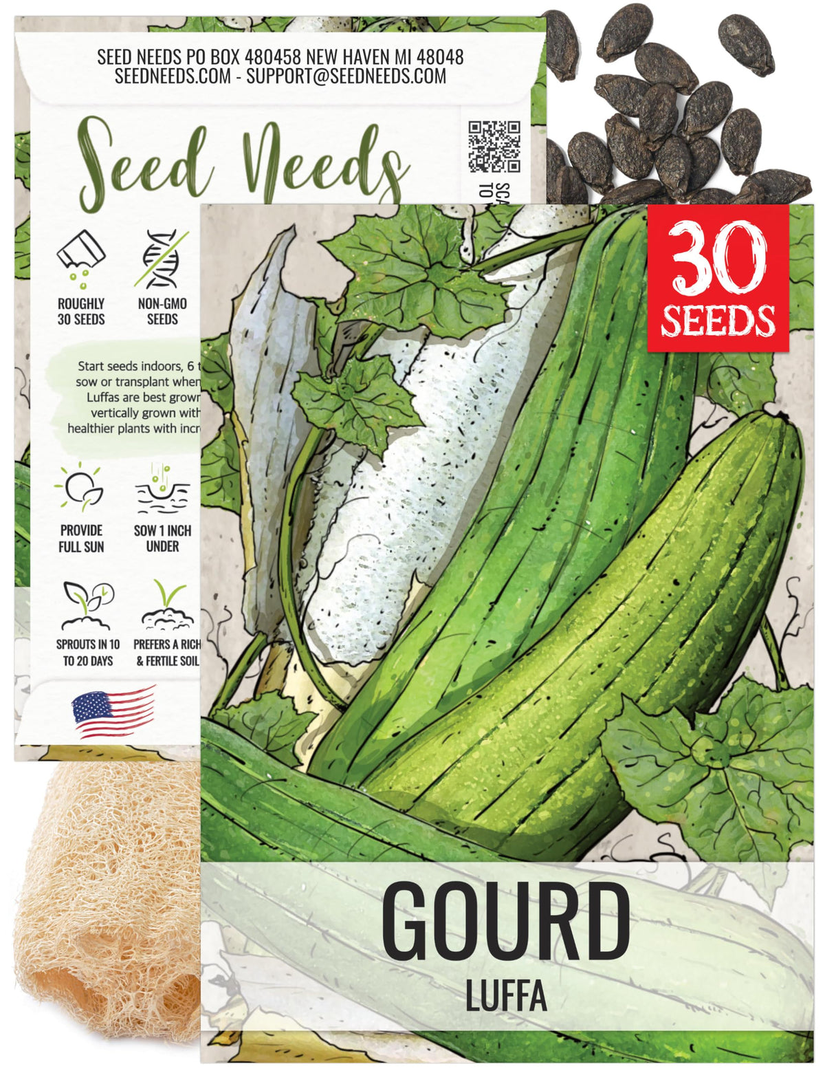 Seed Needs Luffa seeds packaging showing heirloom quality for home gardens.