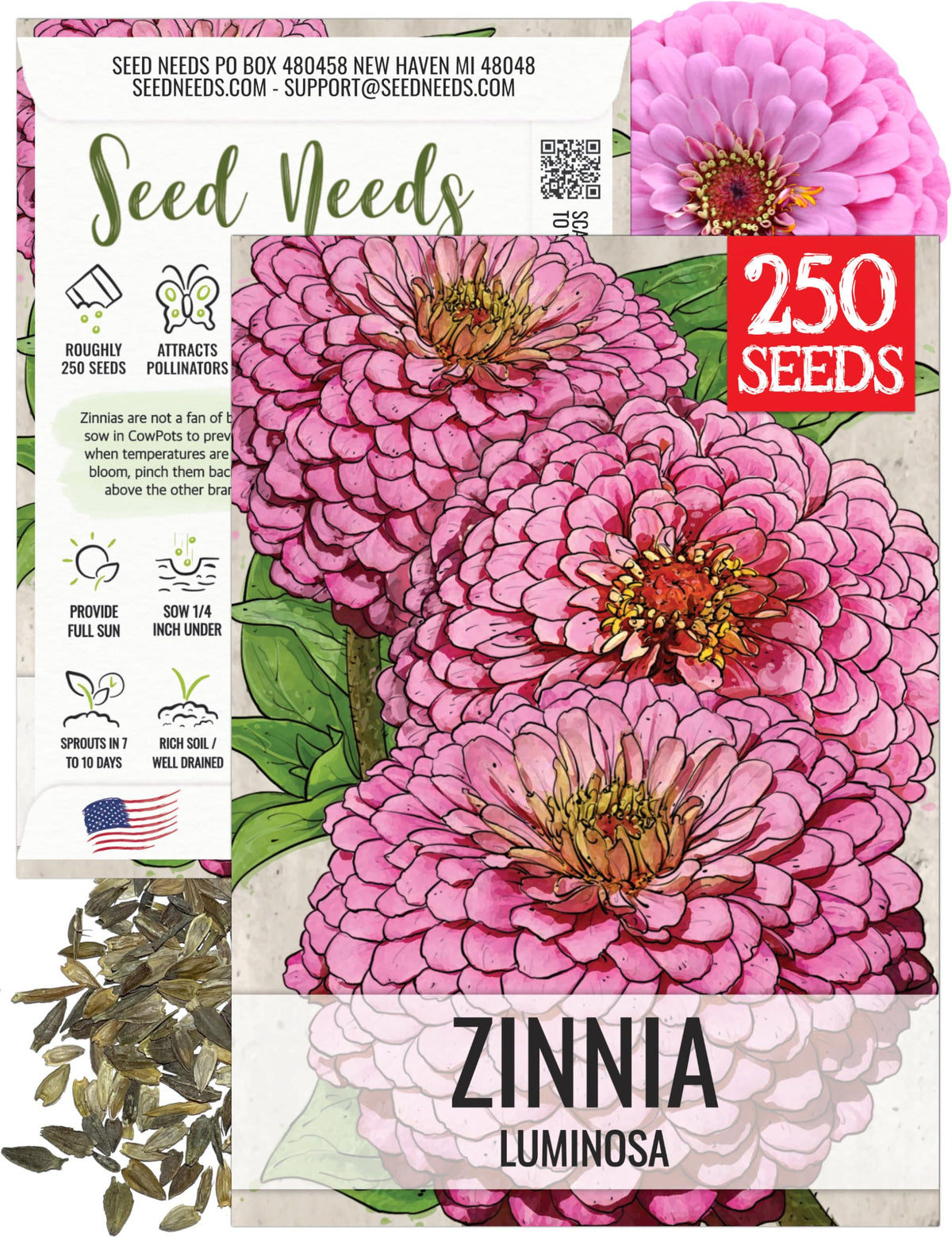 Seed Needs Luminosa pink zinnia seed pack front—heirloom seeds for vibrant color