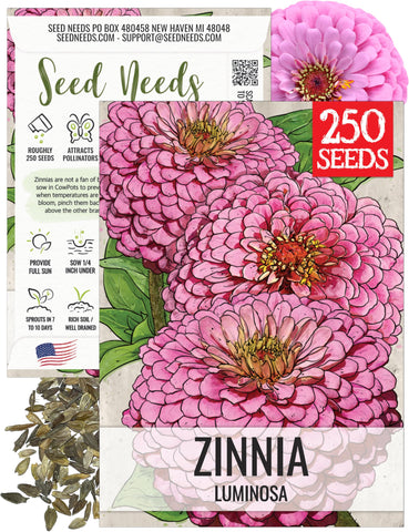 Seed Needs Luminosa pink zinnia seed pack front—heirloom seeds for vibrant color