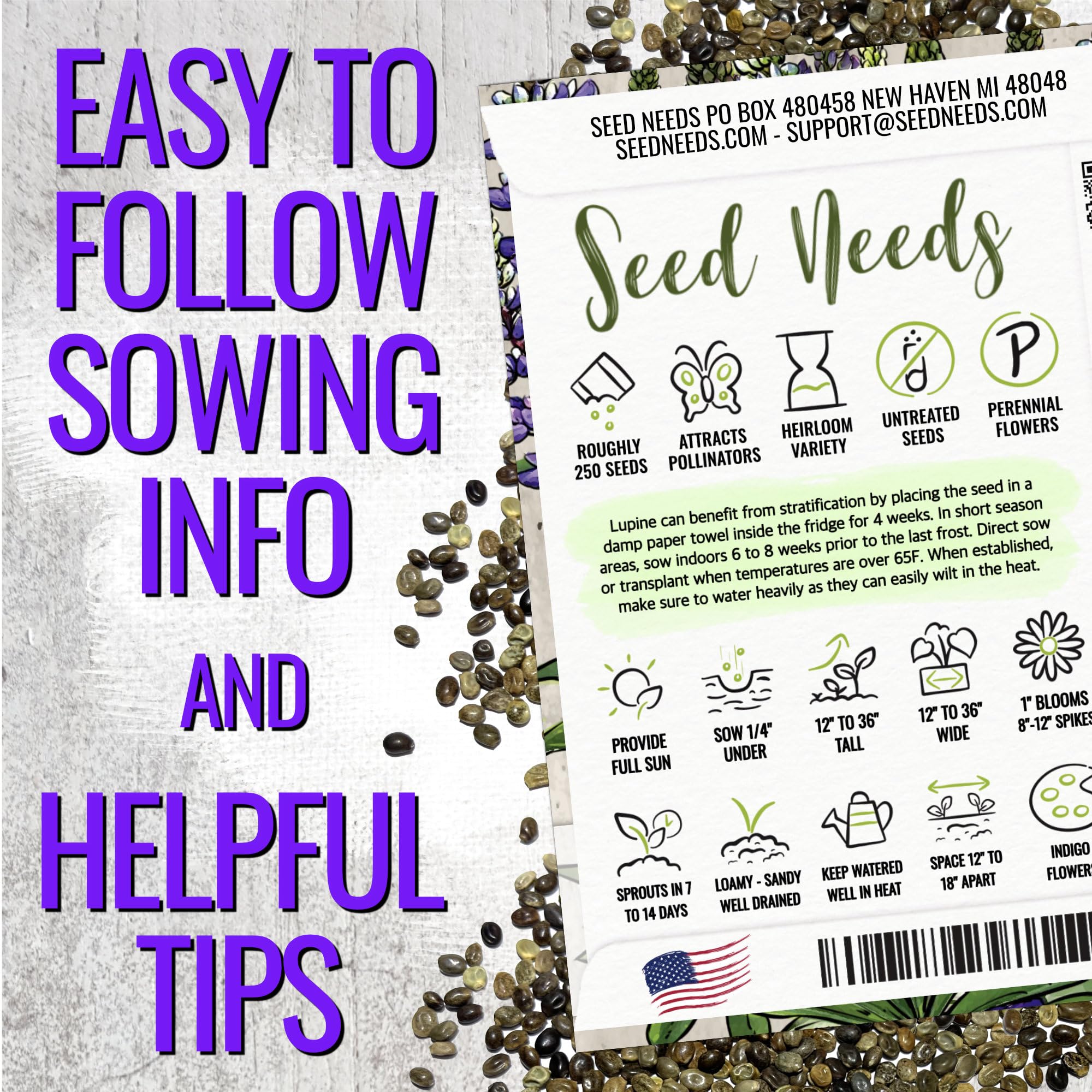 Seed Needs lupine fixes nitrogen, enriching soil for neighbors.