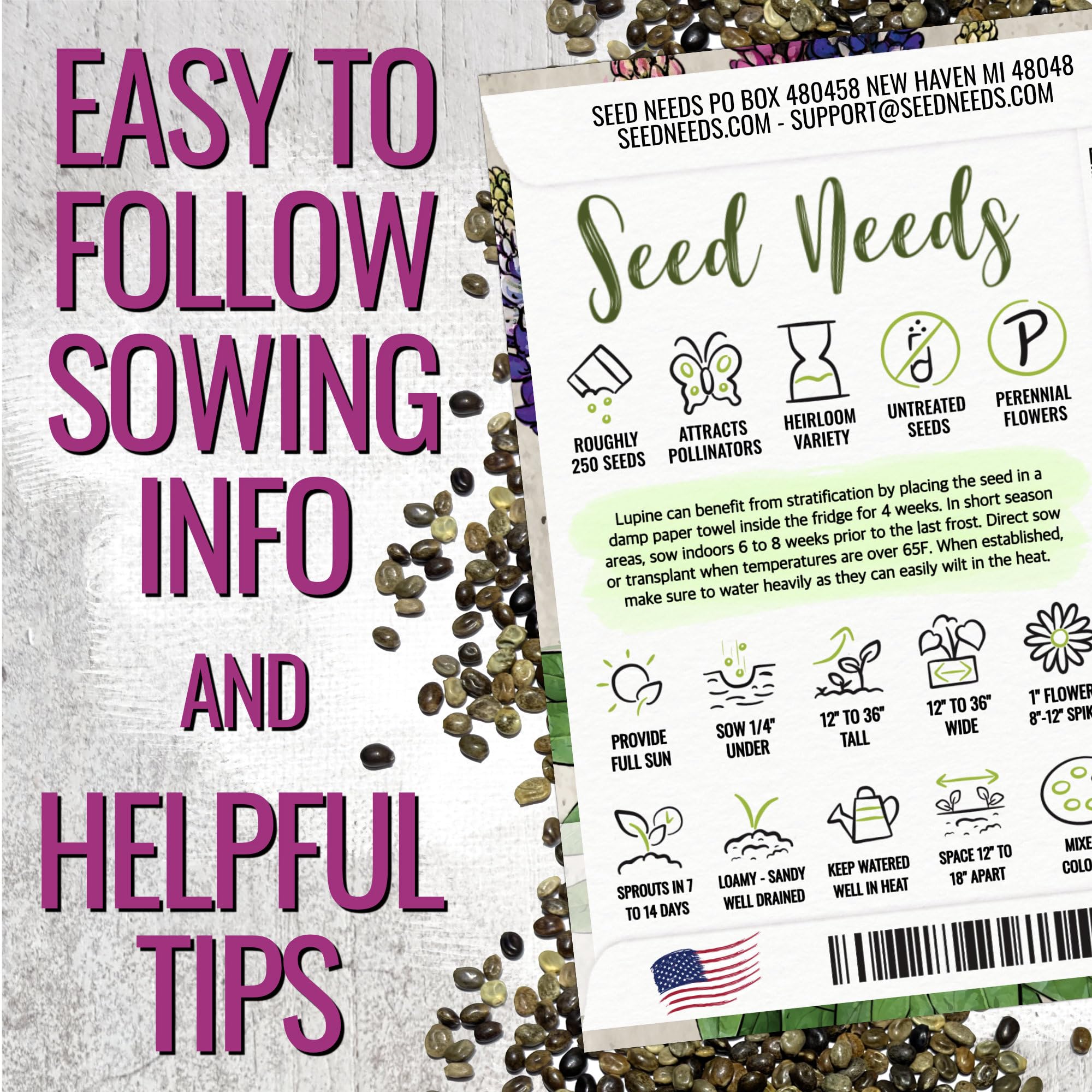 Seed Needs Lupine Russells Blend features tall spikes up to three feet.
