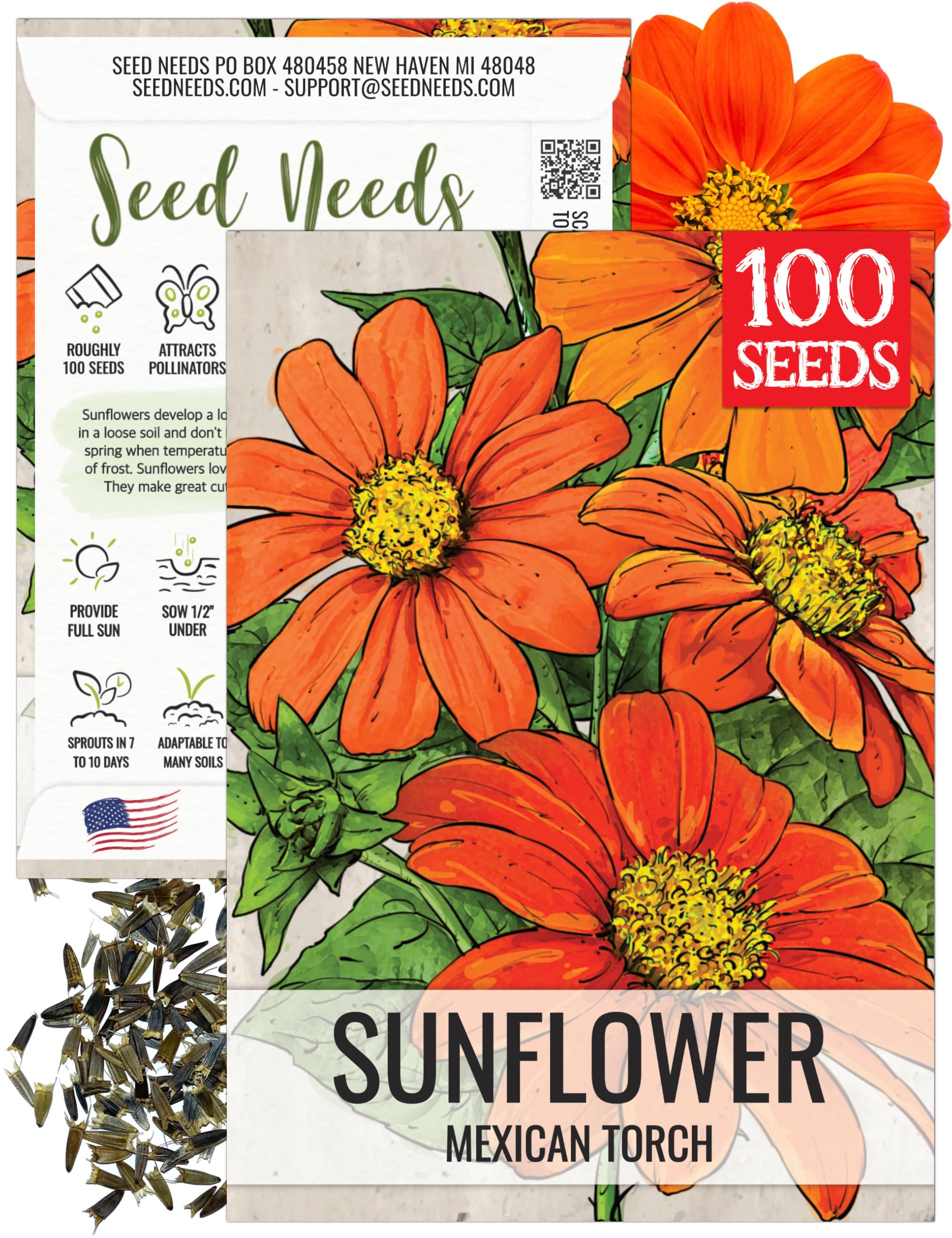 Seed Needs Mexican Sunflower seeds with red-orange petals attract pollinators all summer