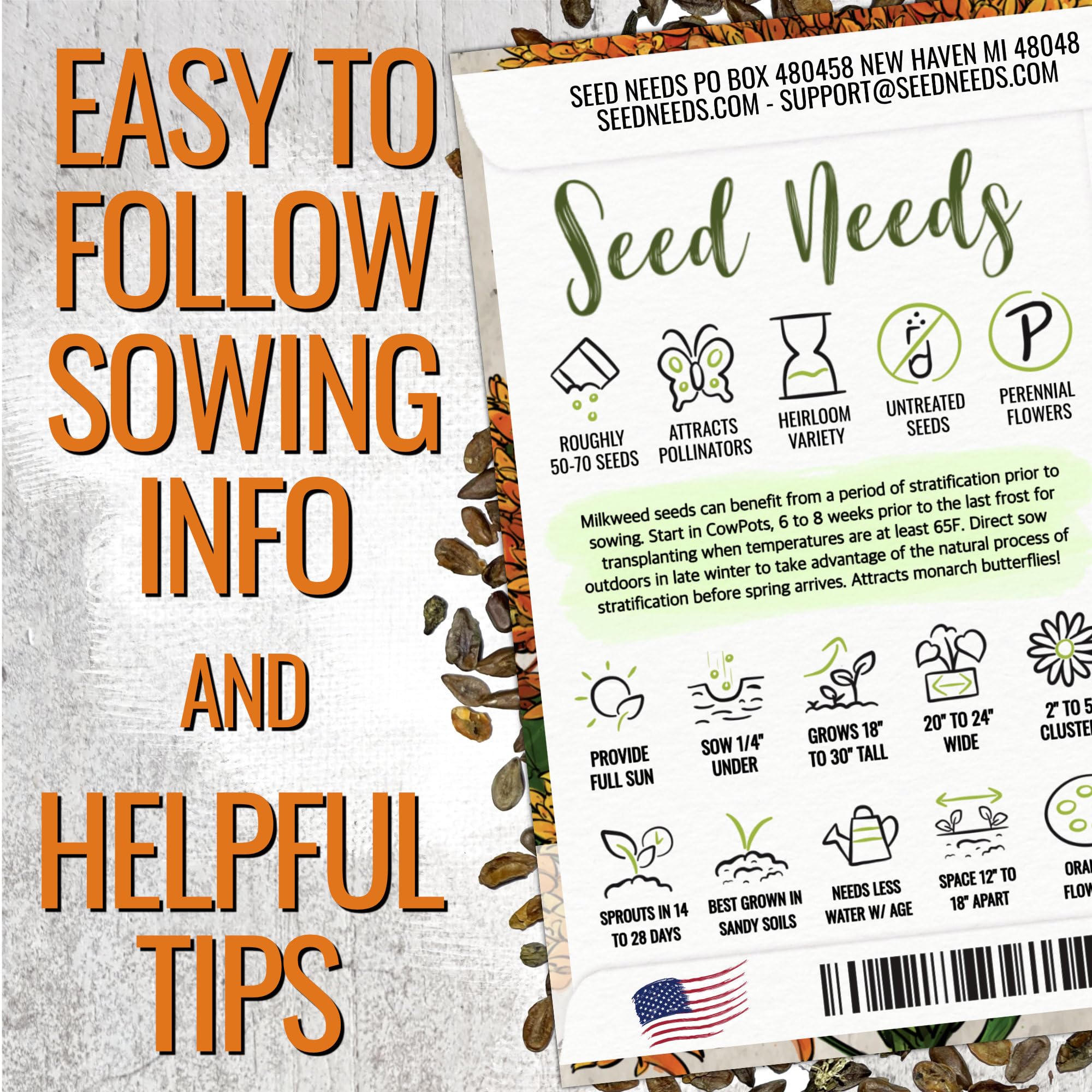 Seed Needs milkweed seeds orange butterfly packet front boosts nectar for pollinators.