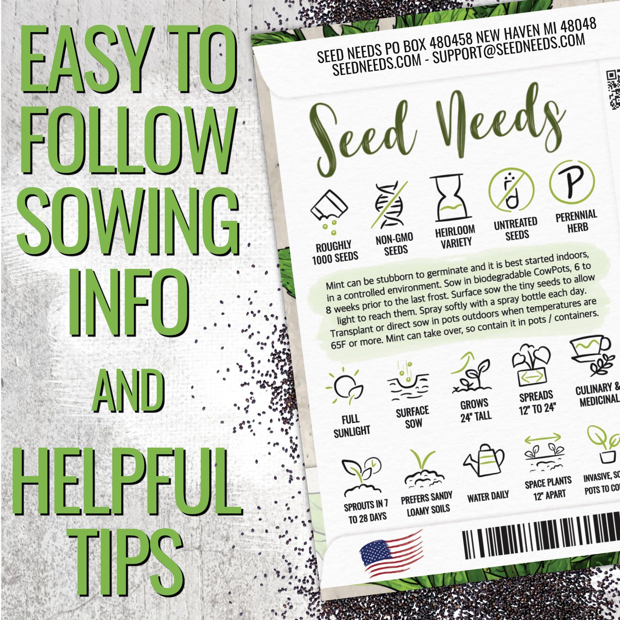 Seed Needs mint seeds sprout close-up, illustrating rapid germination when sown correctly.