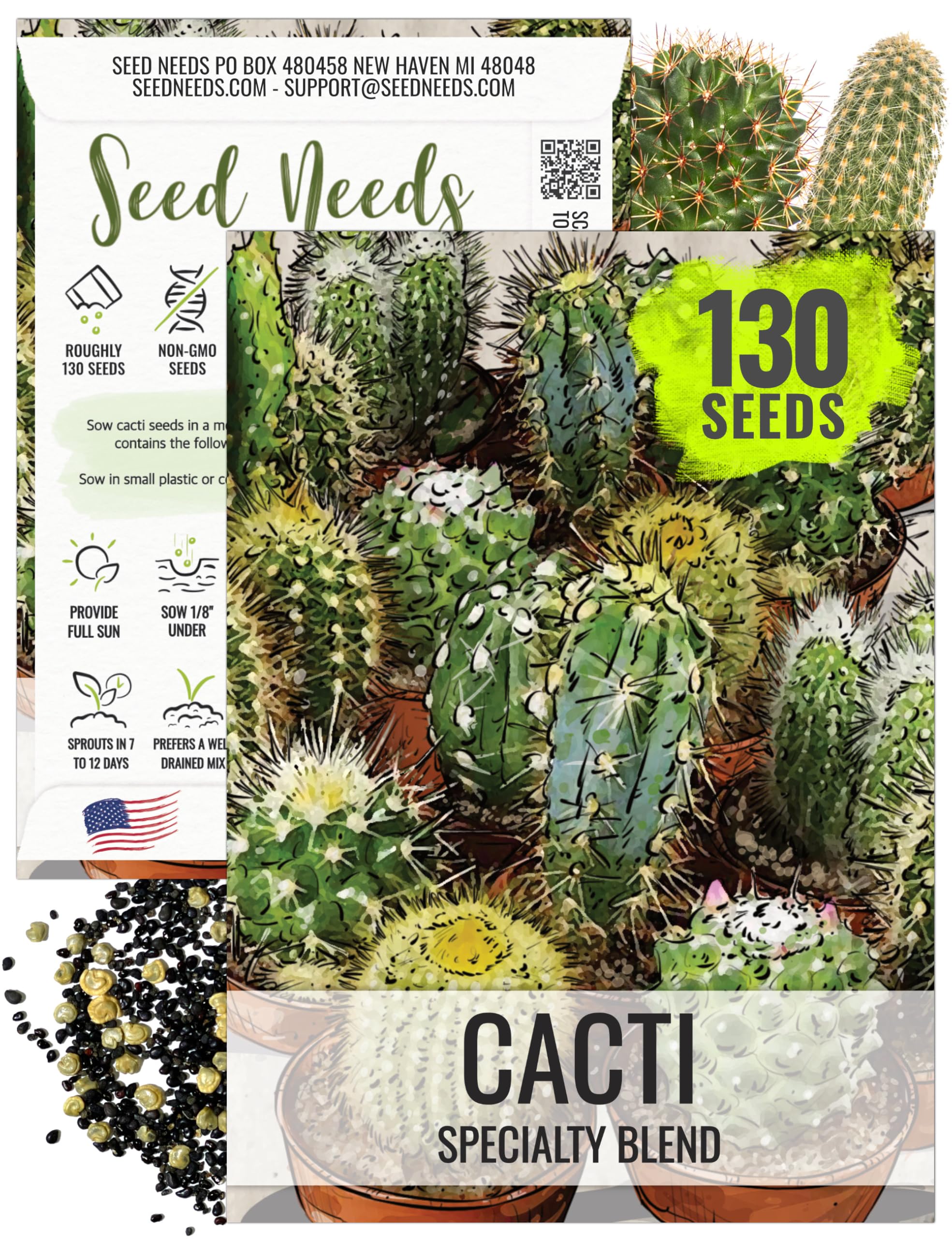 Seed Needs mixed cacti seeds 130-pack front packet illustration for easy indoor planting