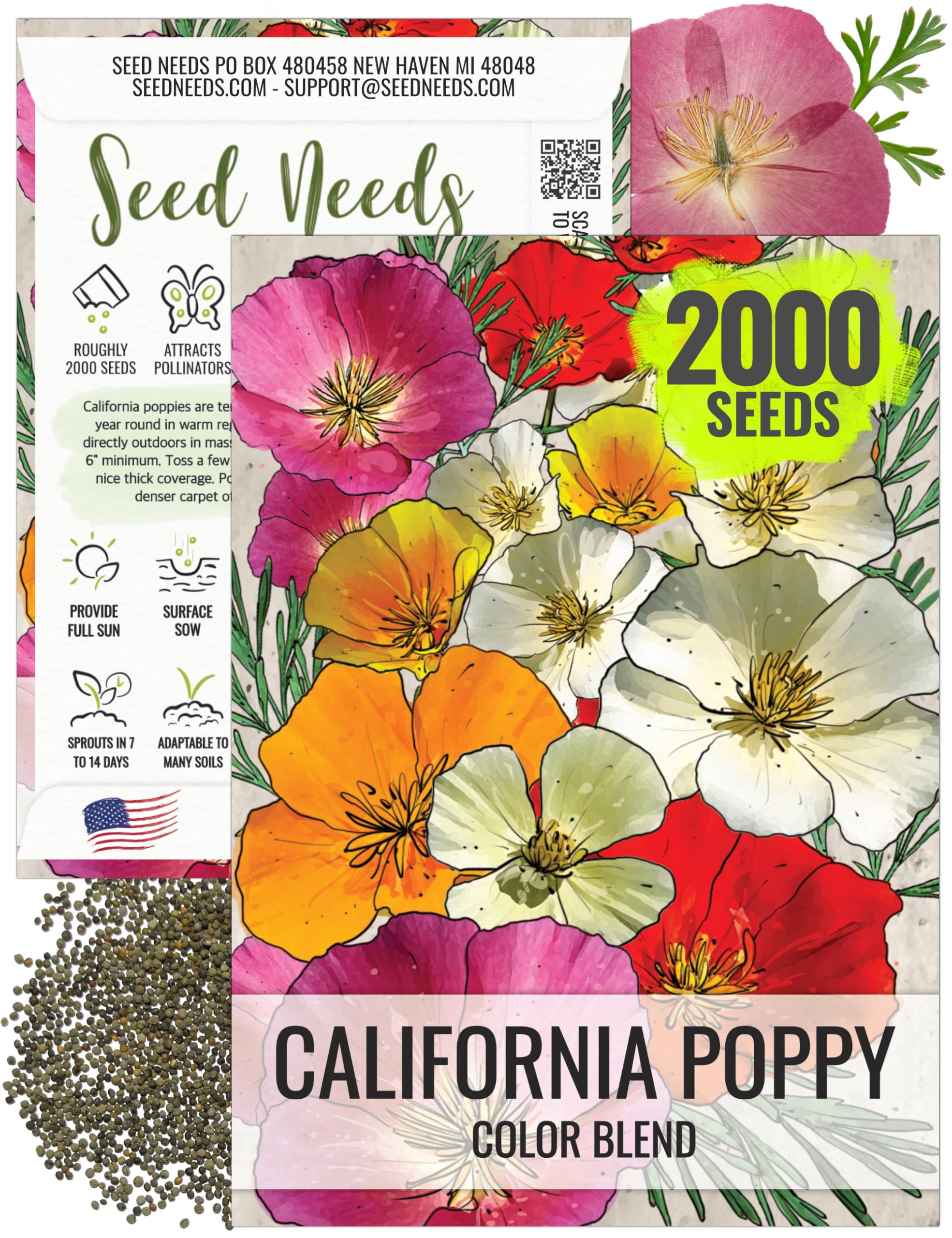 Seed Needs mixed California poppy seeds packet front, perfect for brightening beds and borders.