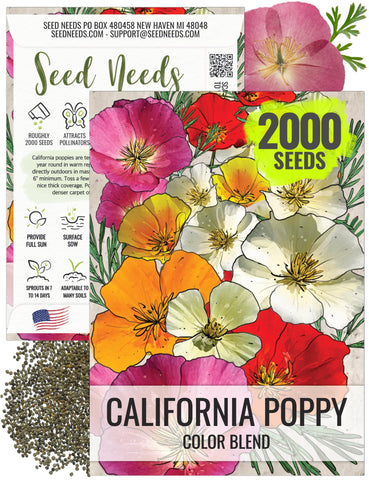 Seed Needs mixed California poppy seeds packet front, perfect for brightening beds and borders.