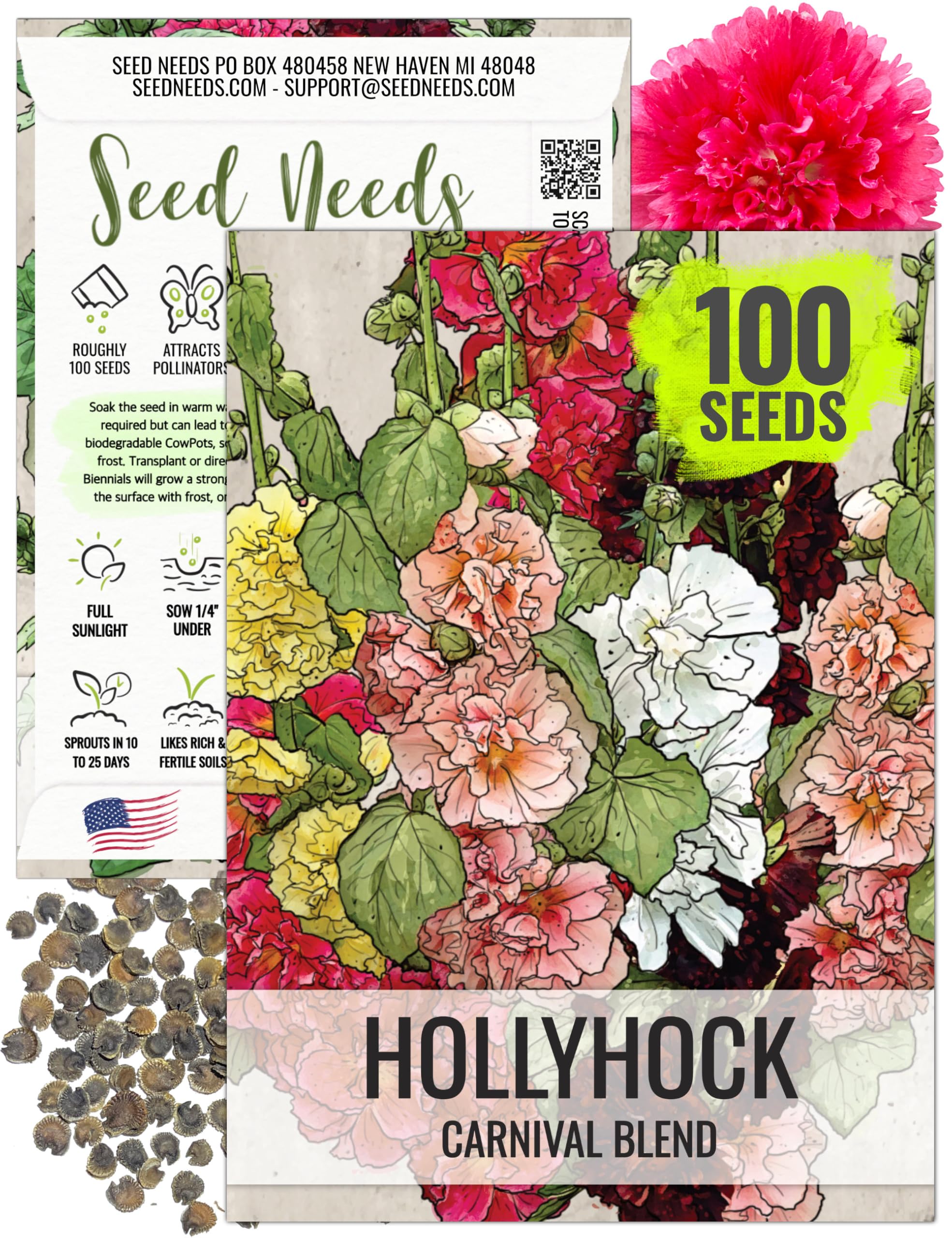 Seed Needs mixed carnival hollyhock seeds pack front with illustration for easy sowing.