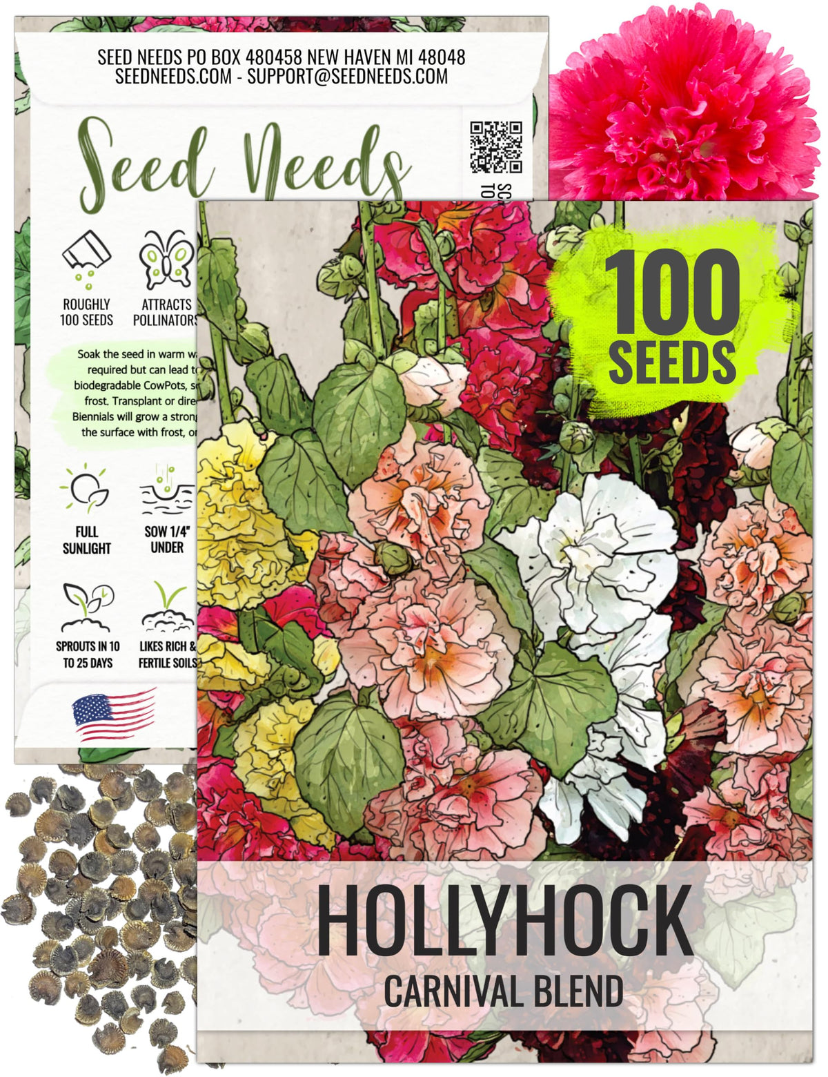 Seed Needs mixed carnival hollyhock seeds pack front with illustration for easy sowing.