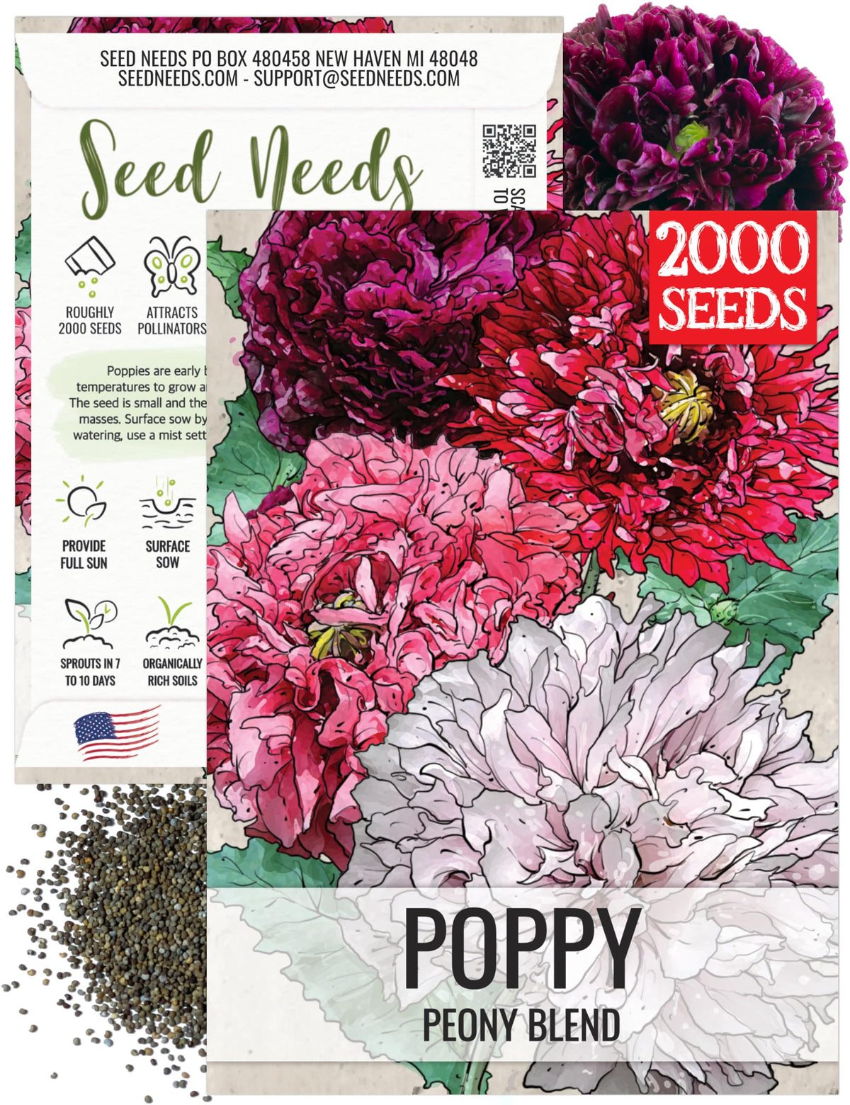 Seed Needs mixed peony poppy blooms create vibrant color for butterfly-friendly gardens.