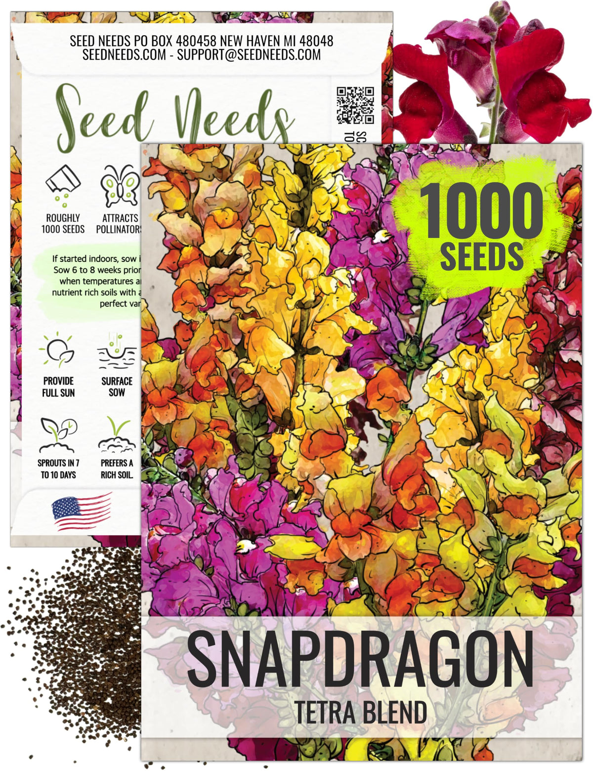 Seed Needs Mixed Tetra Snapdragon seeds pack for vibrant garden beds.