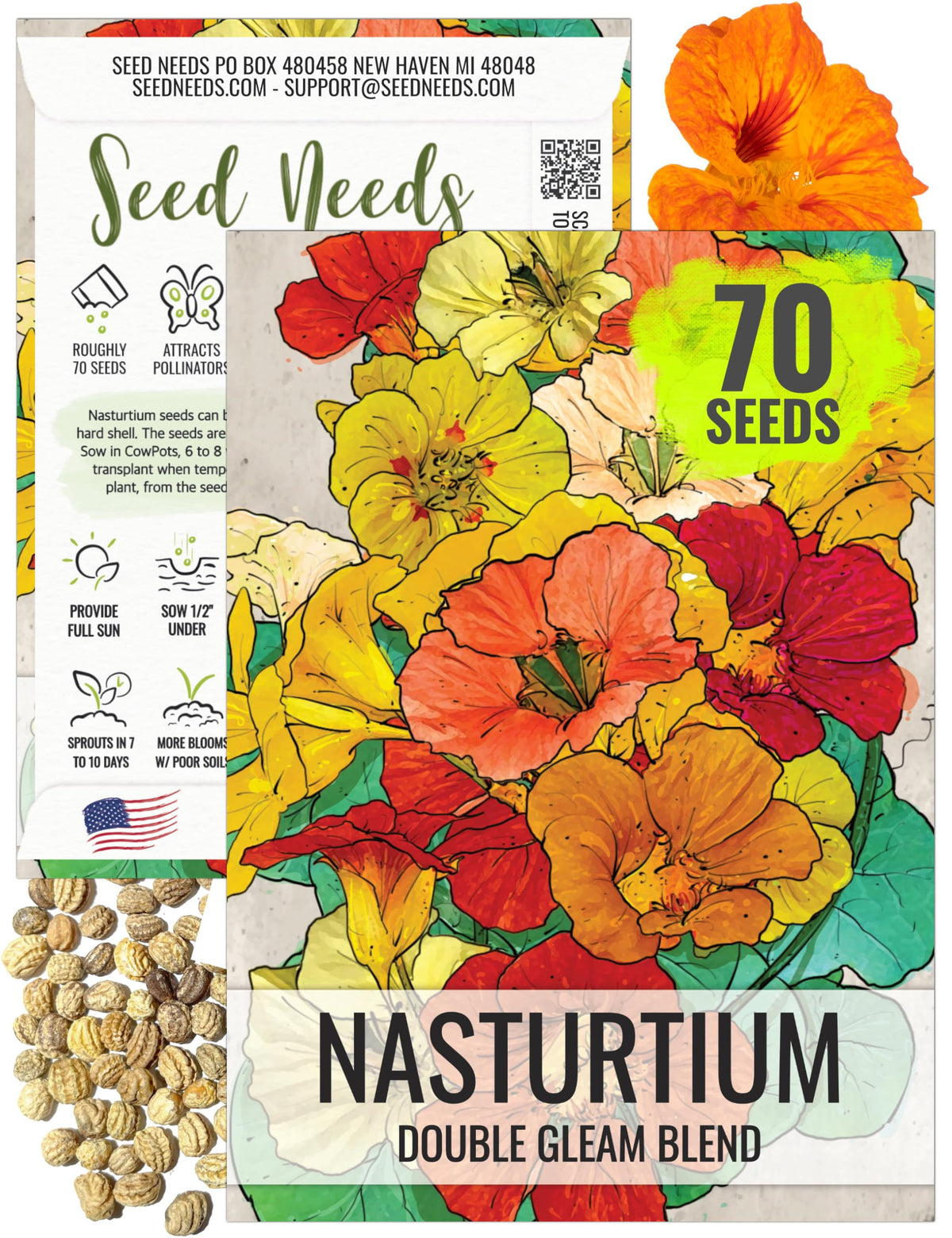 Seed Needs nasturtium double gleam seed pack front showing open-pollinated variety and sowing tips.