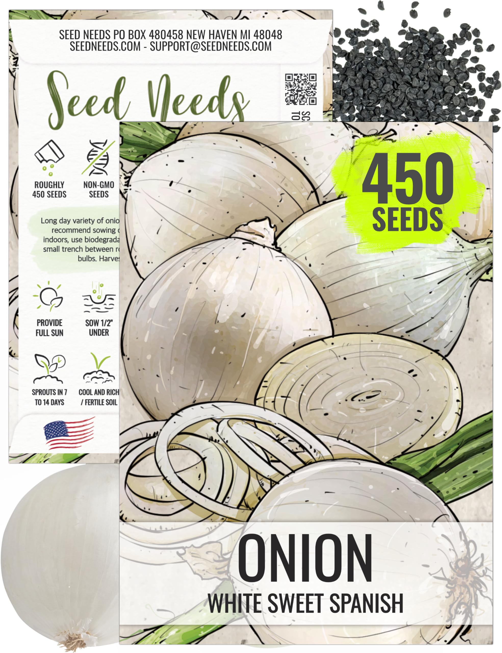 Seed Needs onion seeds pack front for home gardens ready for planting.