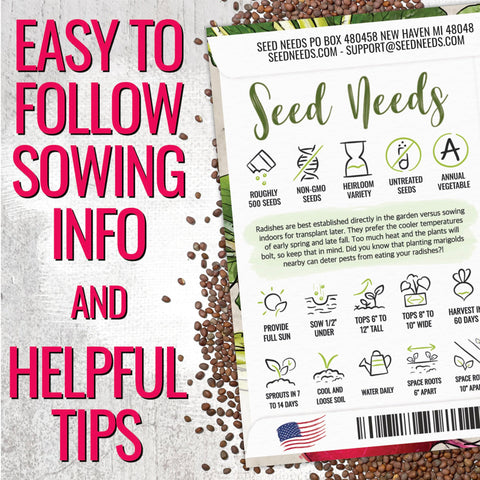 Seed Needs open-pollinated radish seeds support heirloom gardening and reliable germination in cool weather.