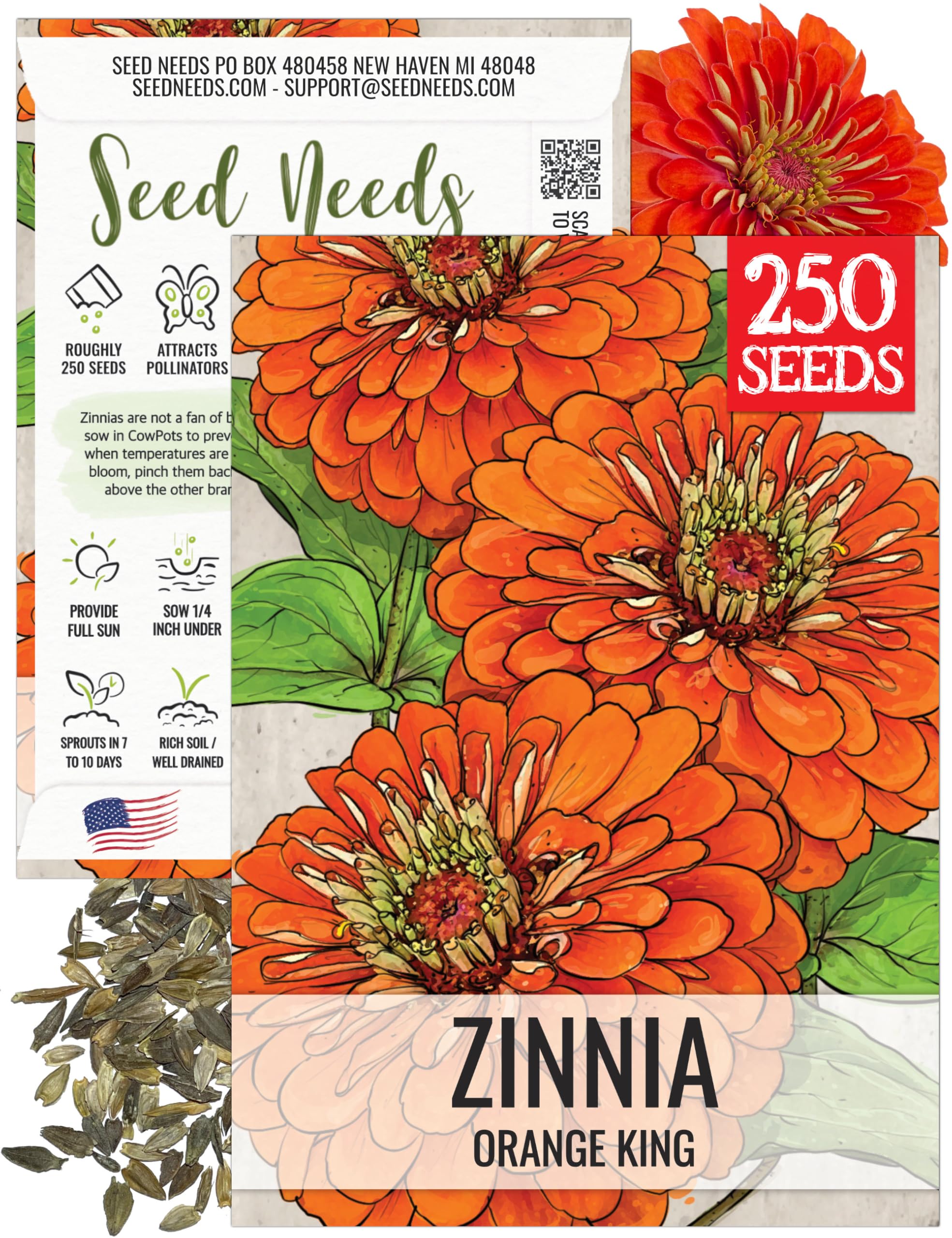 Seed Needs Orange King Zinnia bloom closeup showing vibrant petals for garden color.