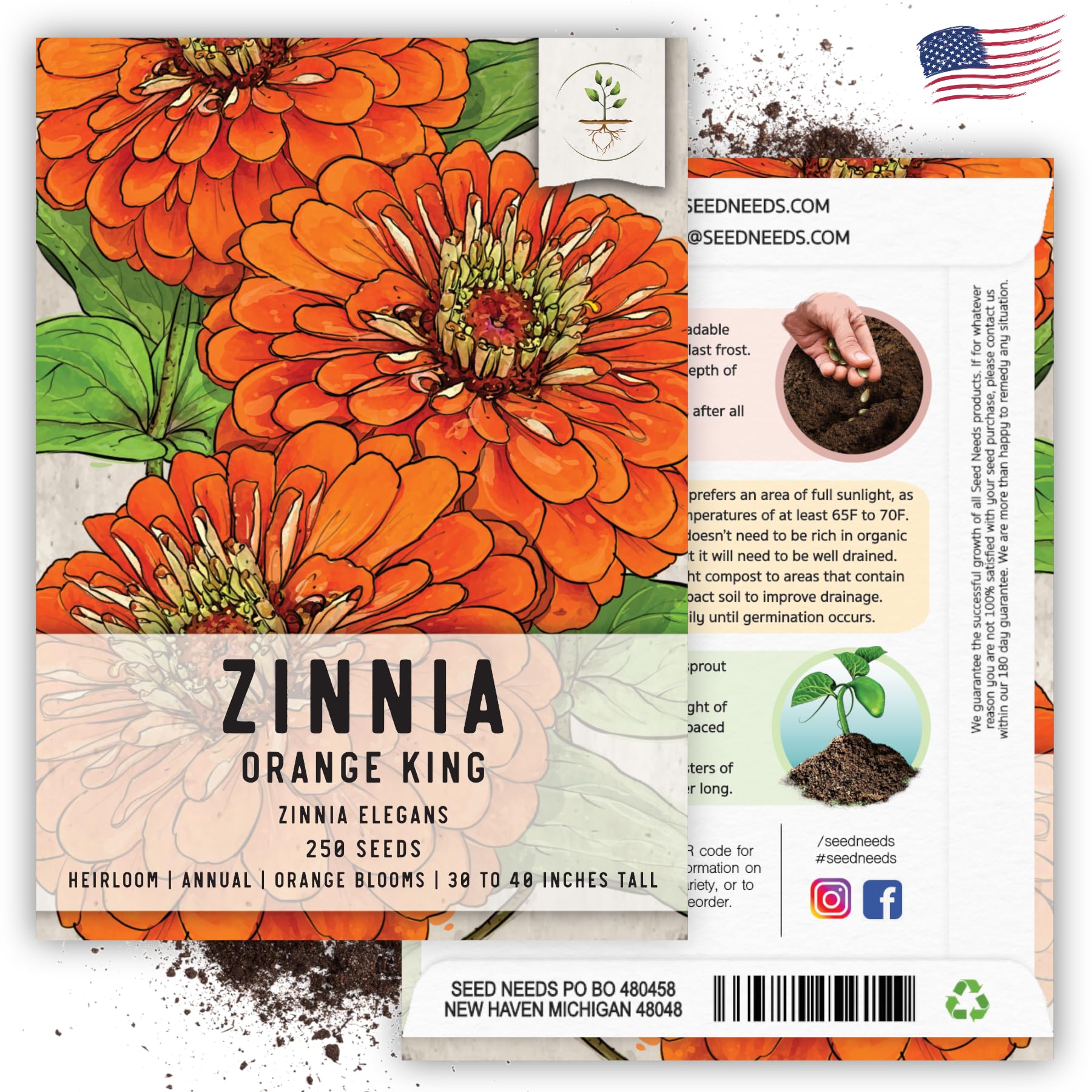 Seed Needs Orange King Zinnia packaging highlights freshness and non GMO policy.